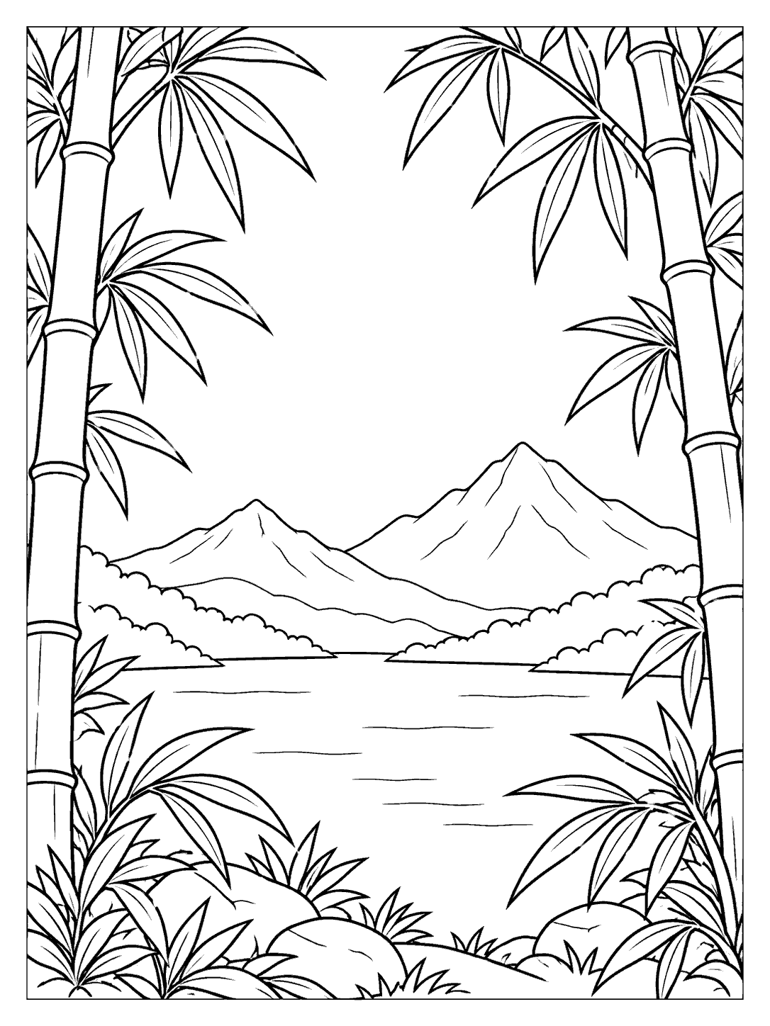 Bamboo stalks and leafy clusters framing two mountain peaks and a calm lake in a coloring page.