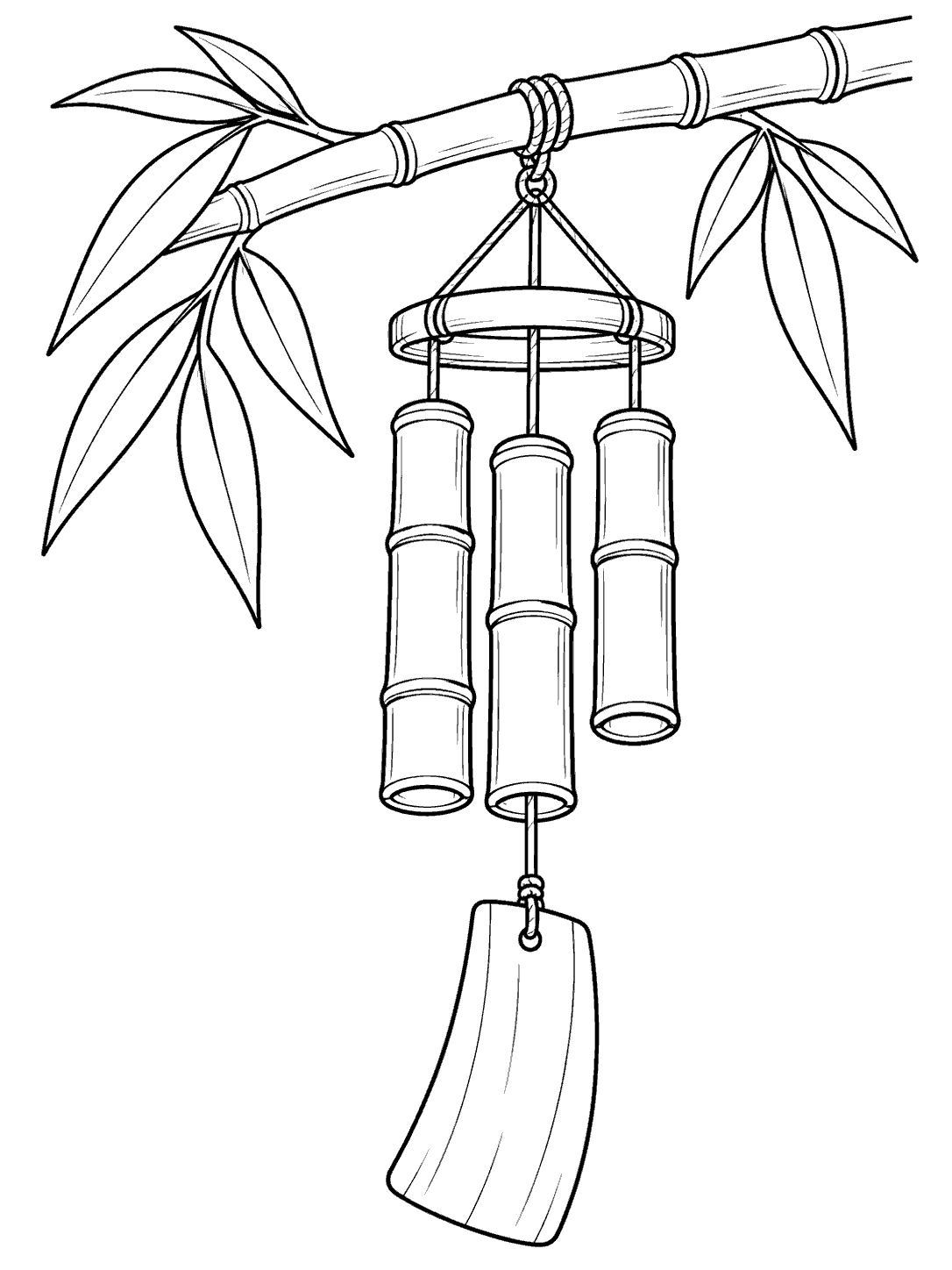 Black-and-white bamboo wind chime coloring page with three hollow tubes, a hanging sail, and nearby leaves.