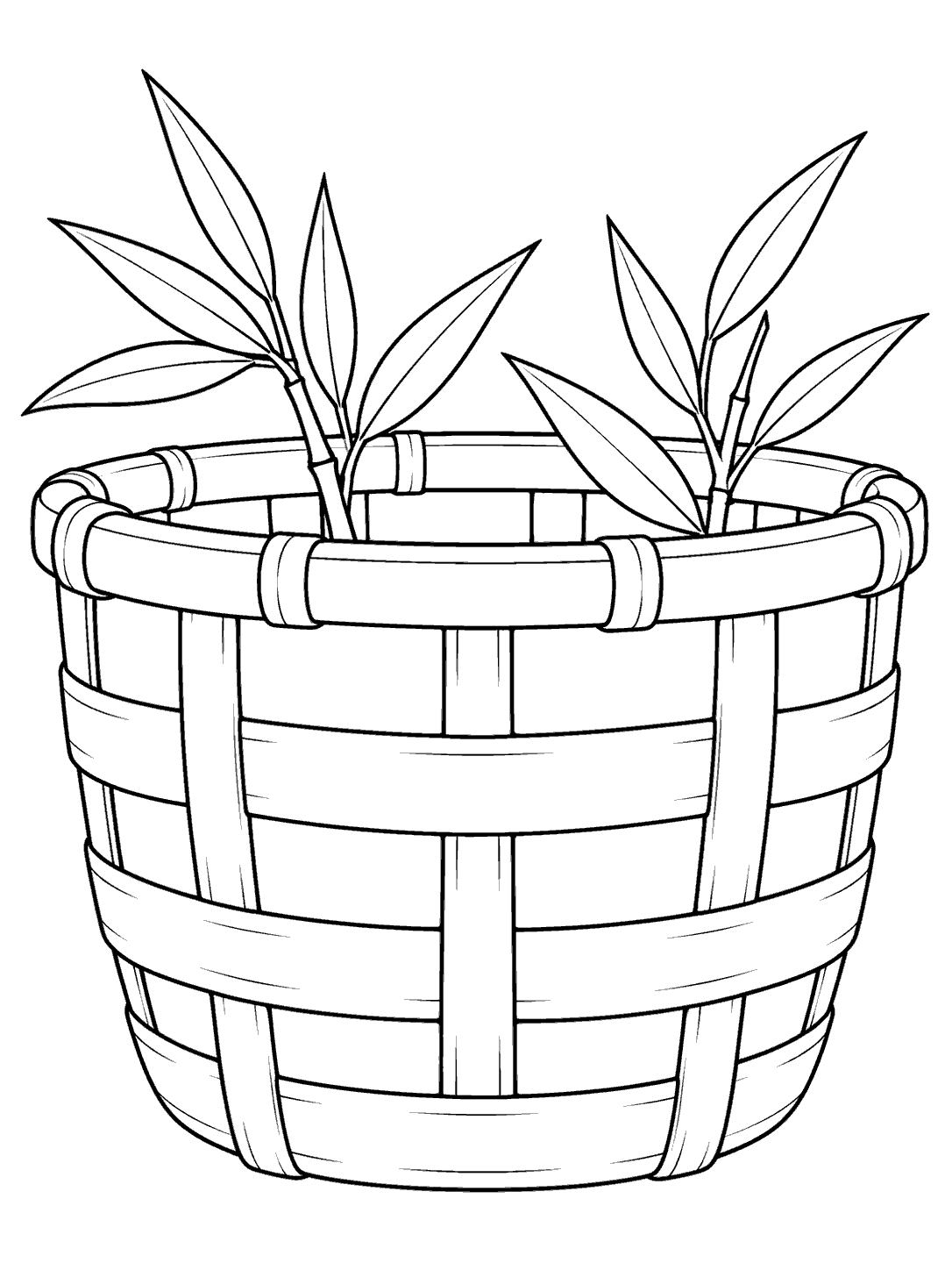 Black-and-white coloring page of a broad, open bamboo basket with crossing woven bands and leafy stems.