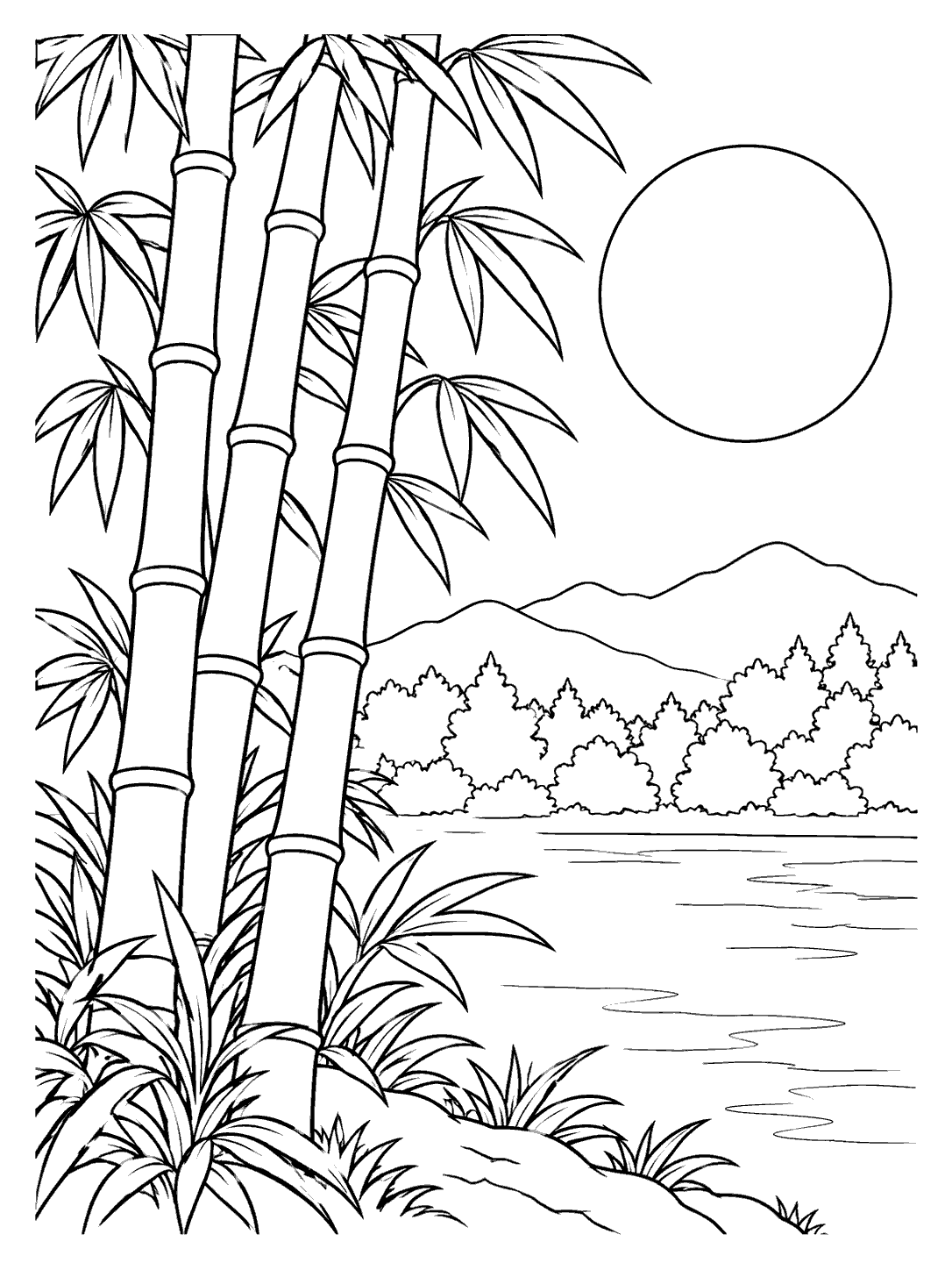 Three segmented bamboo stalks and leafy clusters frame a round moon above distant trees and a calm pond.