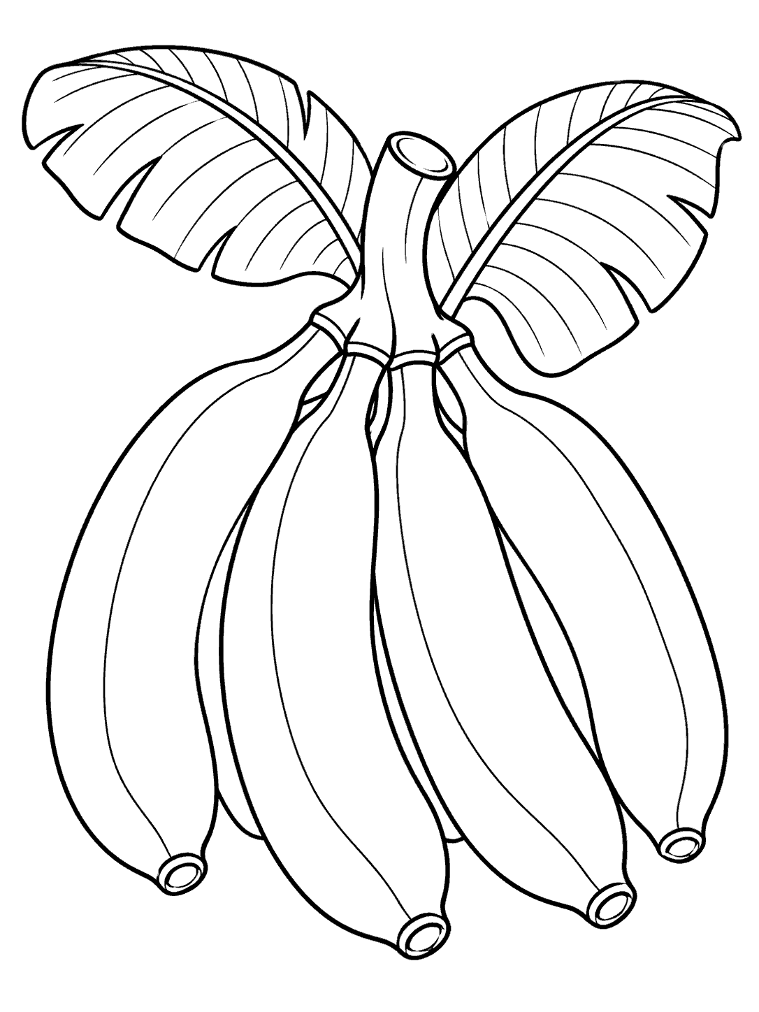 Black and white coloring page showing six bananas beneath two broad leaves