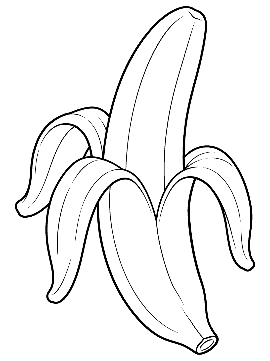 Upright banana with three curling peel flaps in a coloring page
