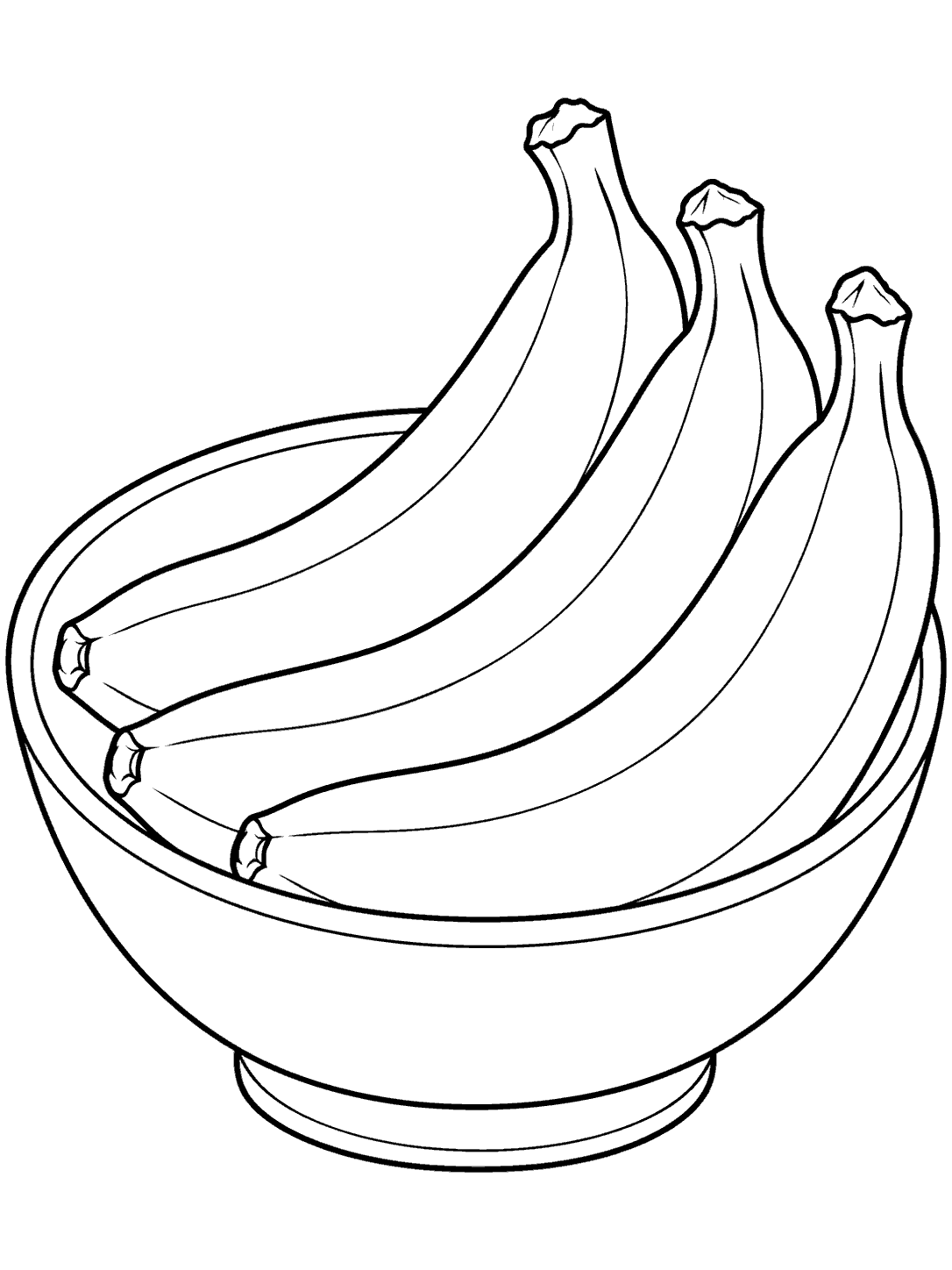 Three bananas arranged diagonally in a ceramic bowl coloring page