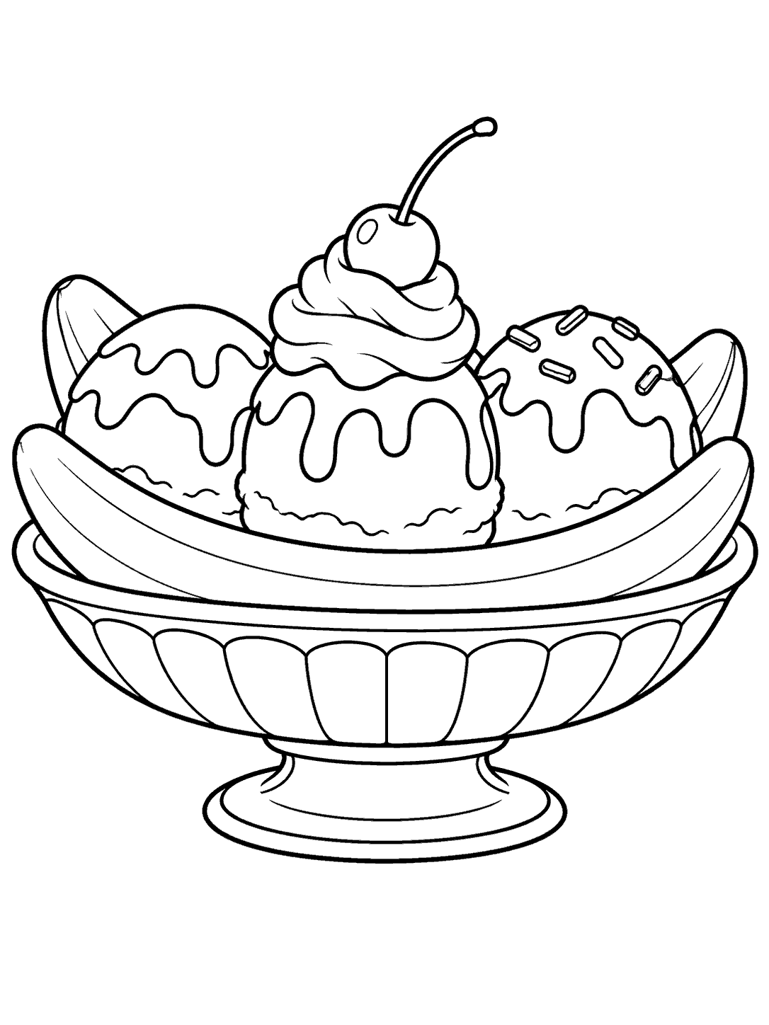 Black-and-white banana split coloring page with three scoops of ice cream, one cherry, and a long oval dish