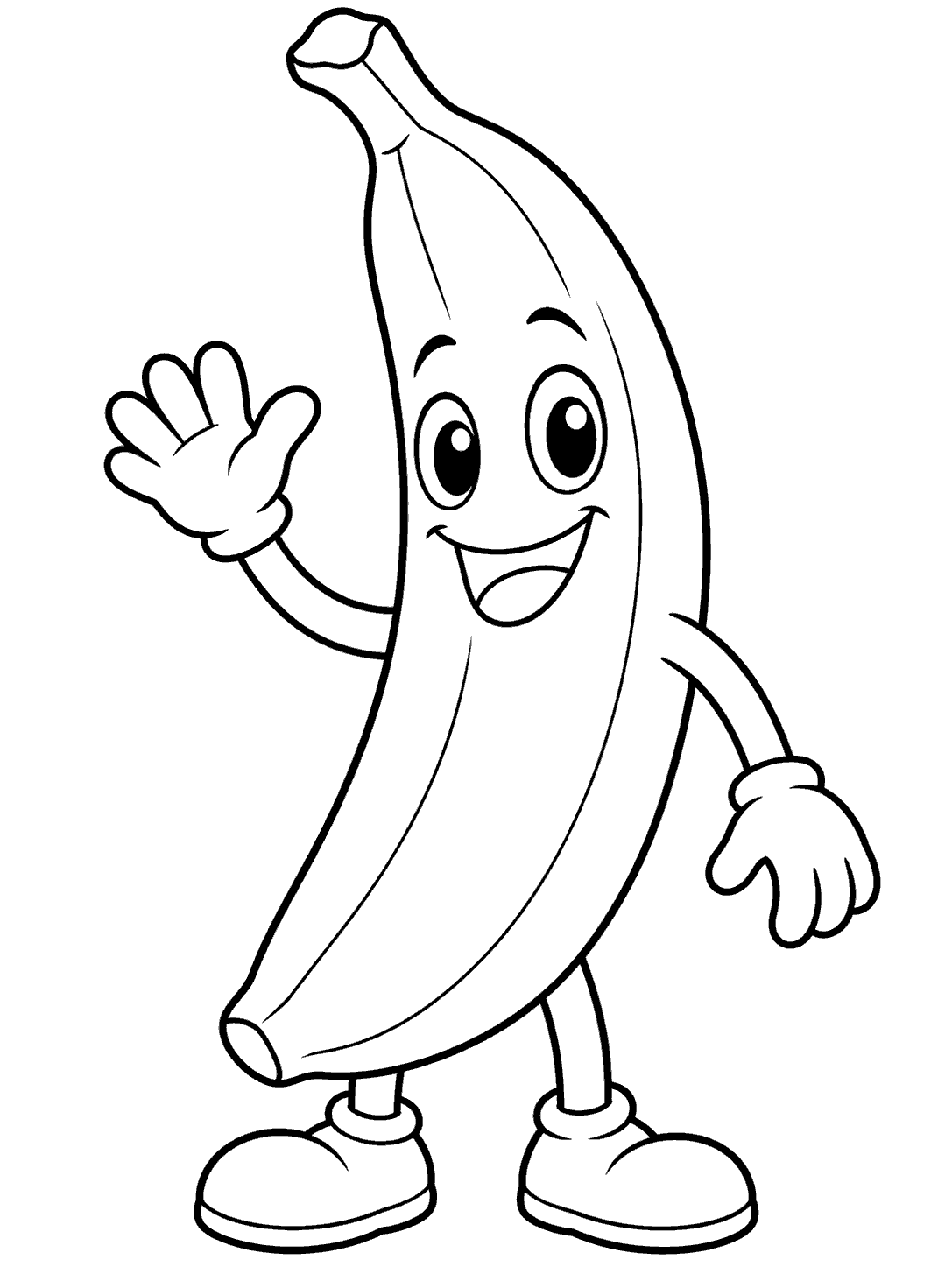 Smiling banana character waving coloring page