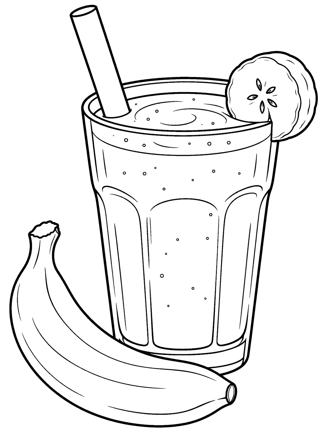 Black-and-white coloring page of a tall banana smoothie glass with a wide straw, banana slice, and whole banana