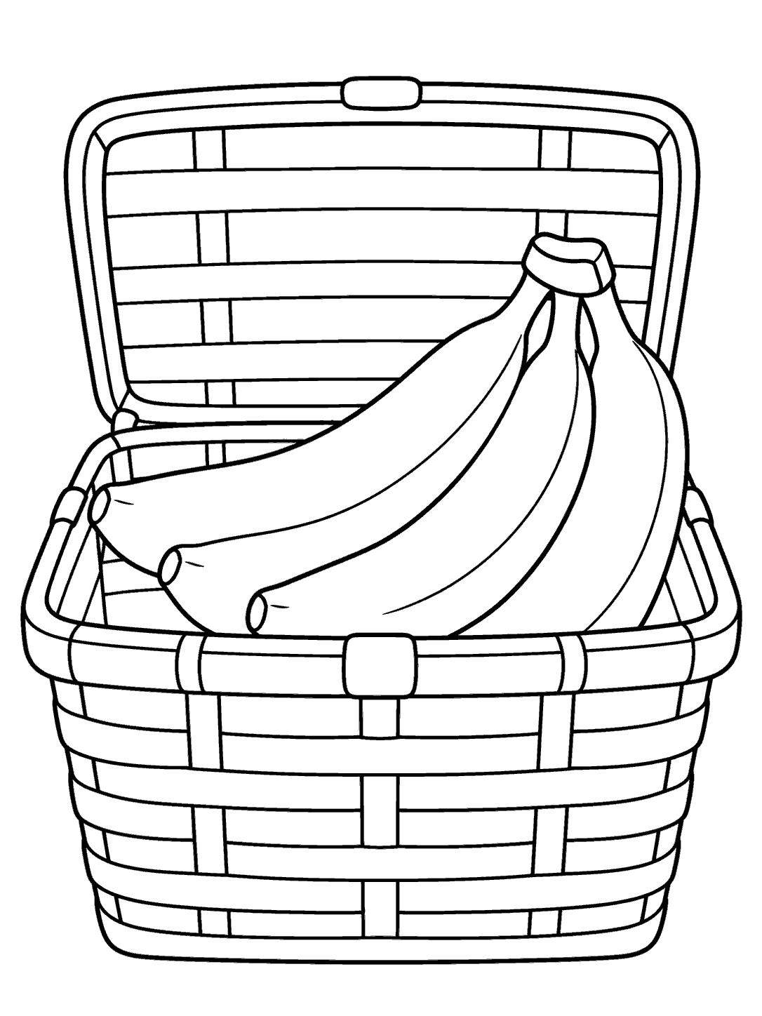 Four bananas in an open woven picnic basket coloring page