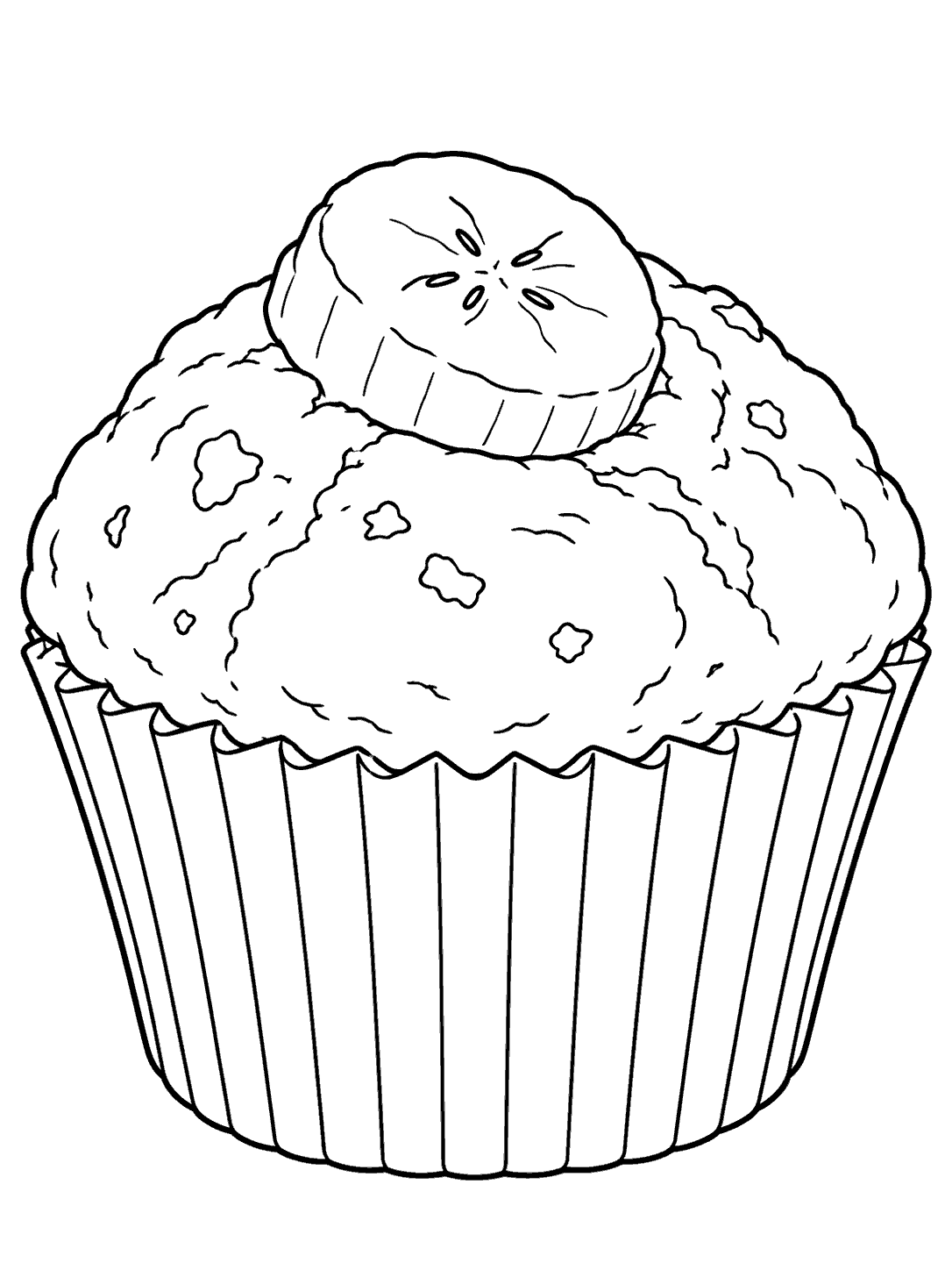 Large banana muffin in a fluted paper cup, topped with a banana slice, coloring page
