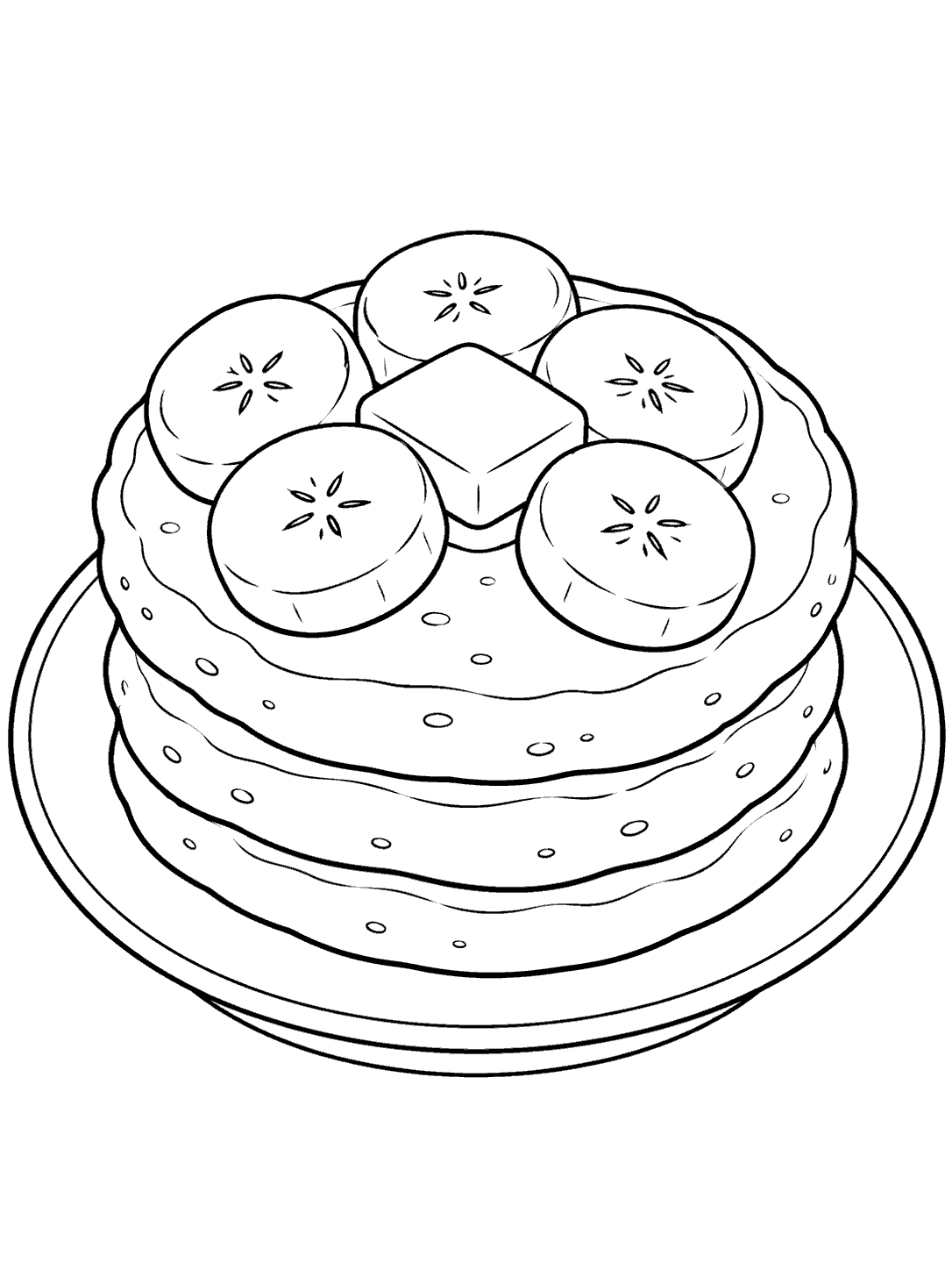 Three pancakes topped with banana rounds and butter on a plate, in a coloring page.