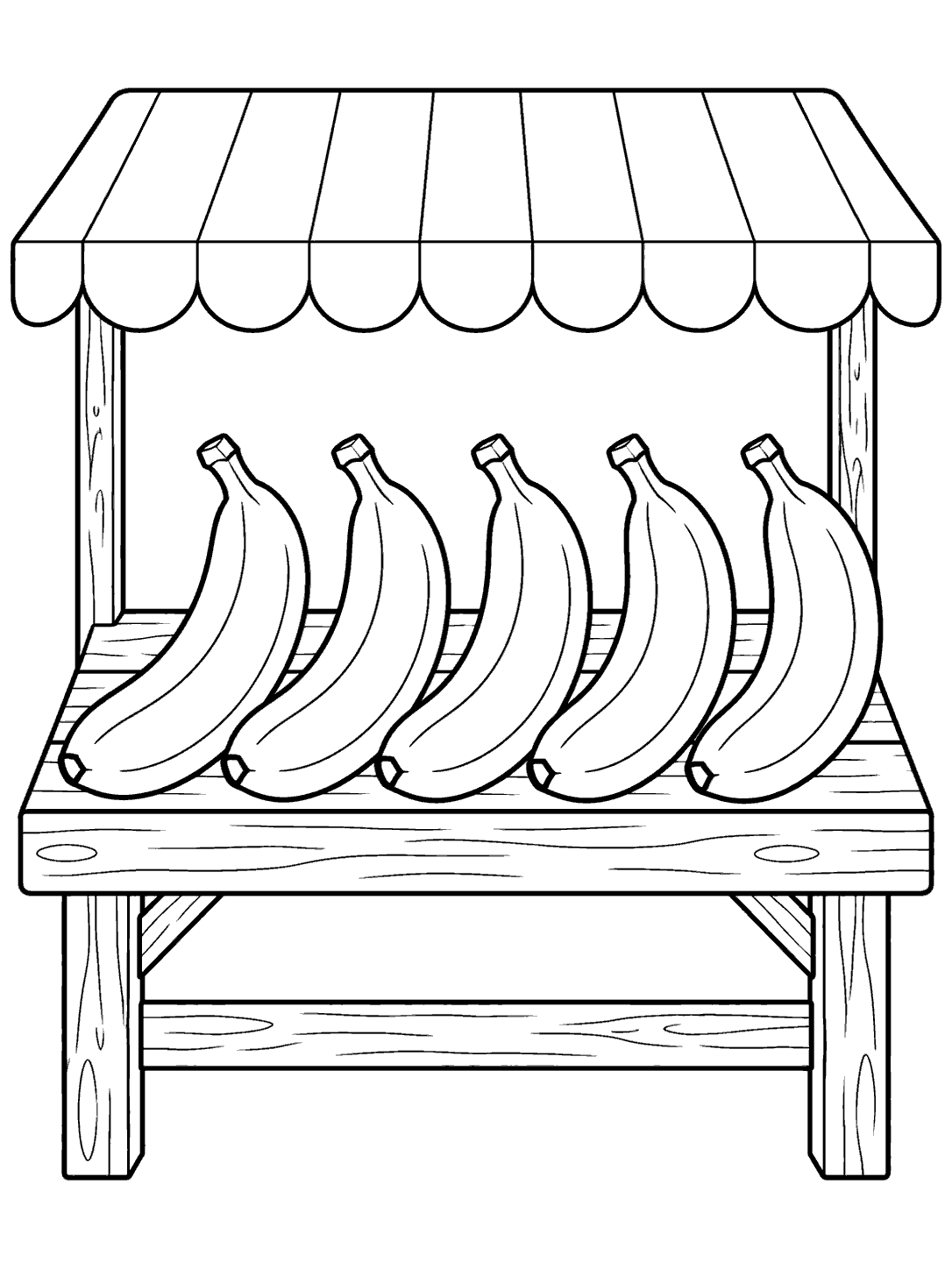 Five bananas displayed on a wooden market stand coloring page