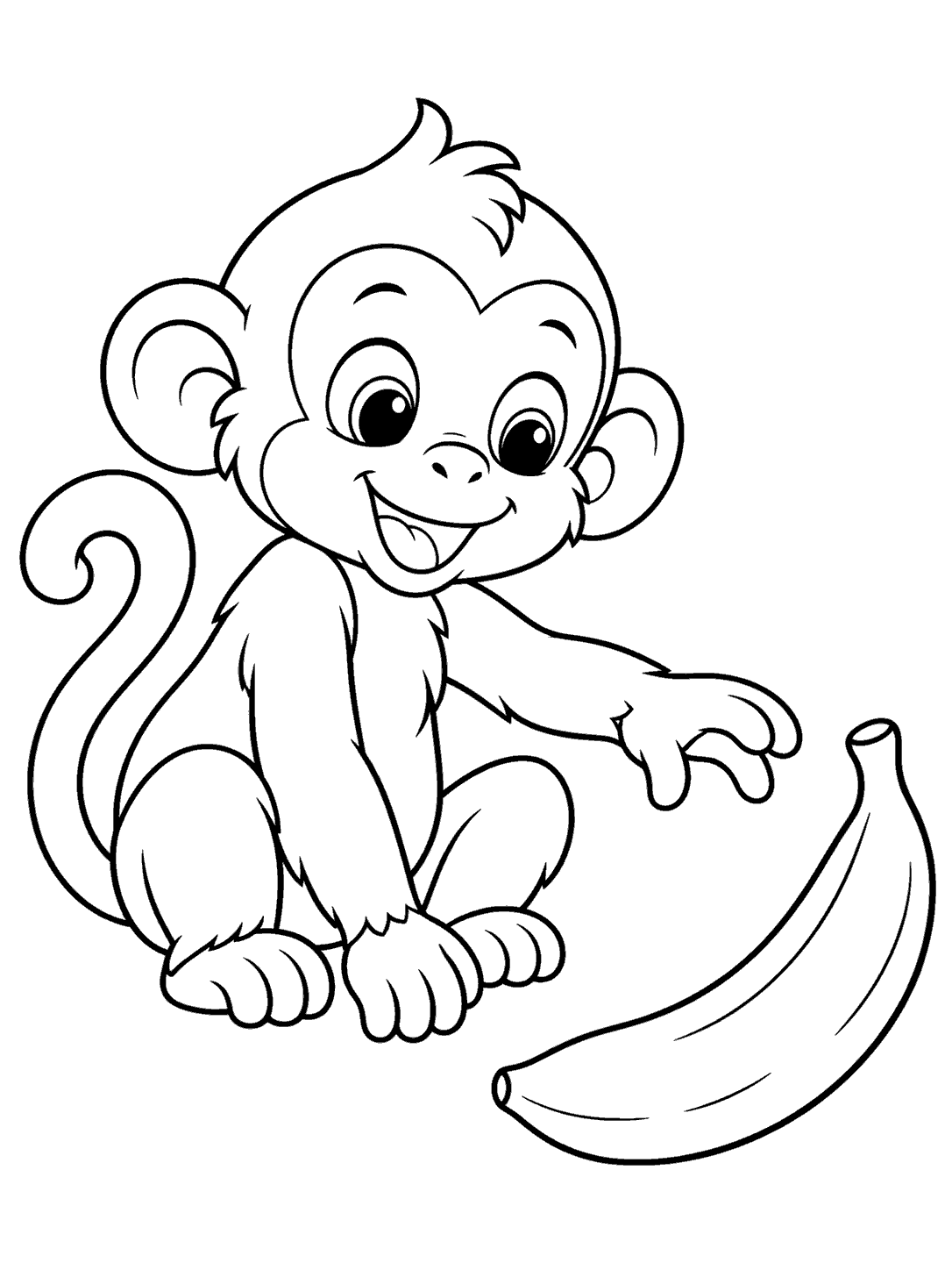 Black-and-white coloring page showing a seated monkey reaching toward a large banana.