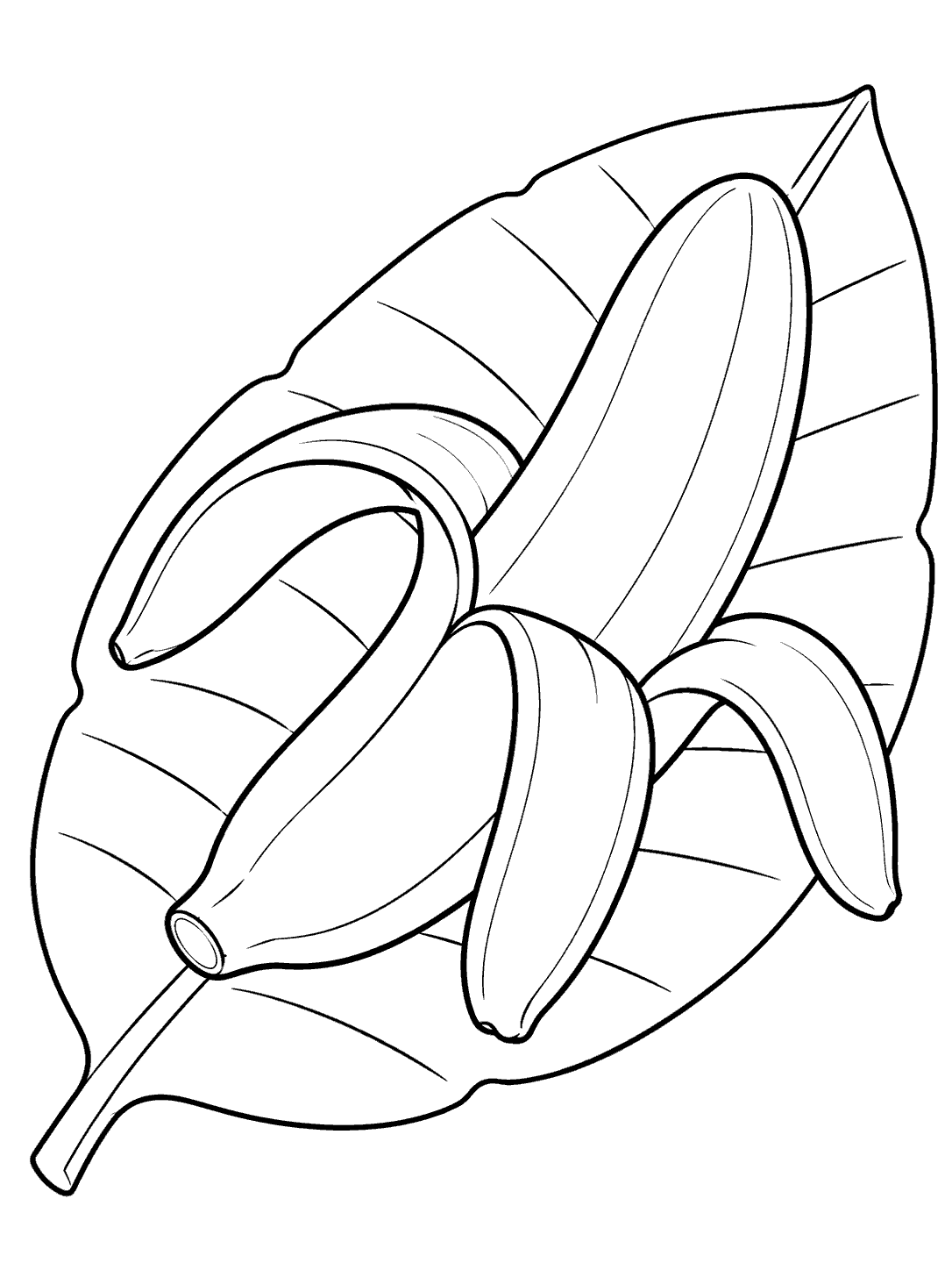 Peeled banana with three open peel flaps on a veined leaf coloring page