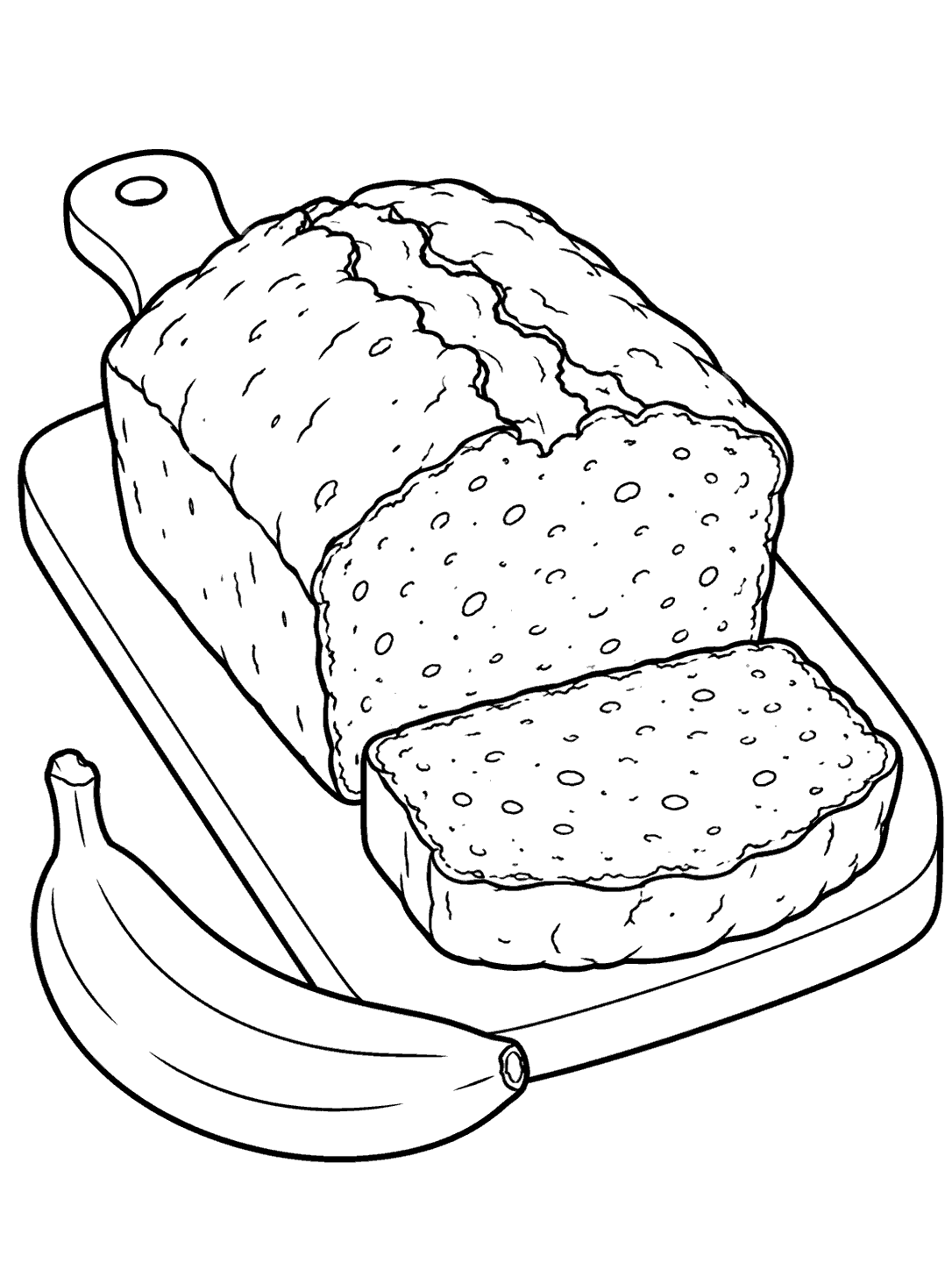 Black-and-white coloring page of a banana bread loaf with a slice and banana on a serving board