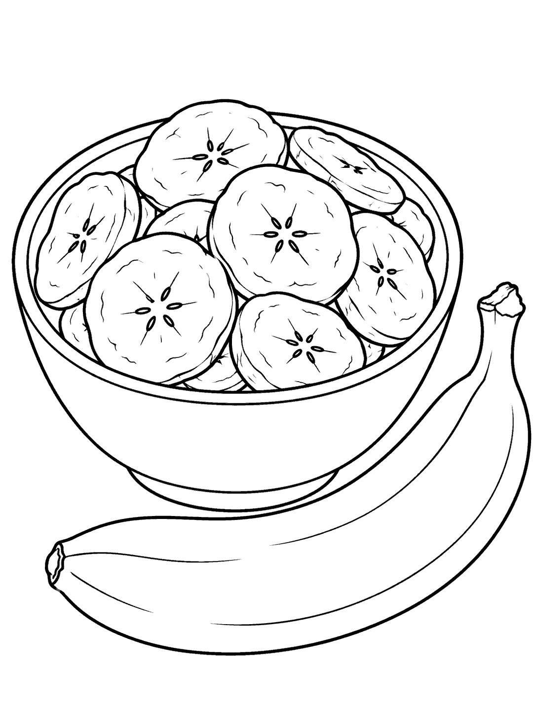 Black and white coloring page showing a bowl filled with banana chips beside a whole banana.