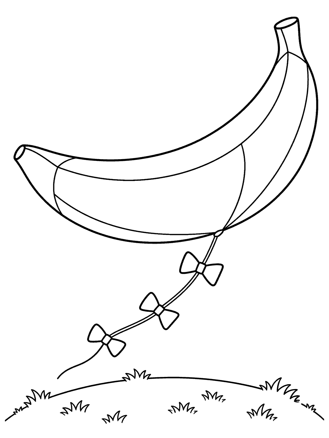 Large curved banana-shaped kite with three bows on its string above one grassy hill, in a black-and-white coloring page.