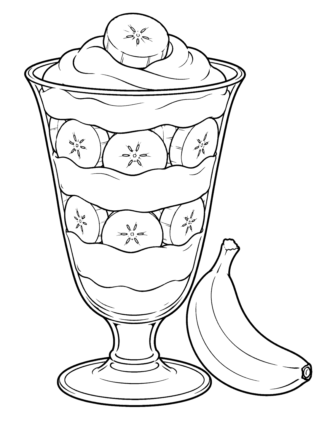 Black-and-white coloring page showing a layered banana parfait in a tall footed glass beside a banana.