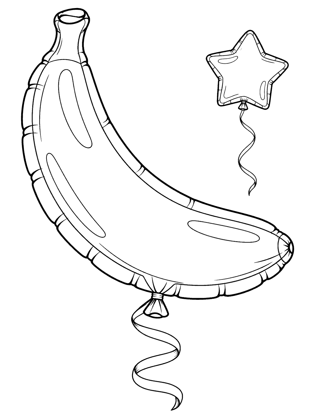 Black-and-white coloring page showing a large curved banana-shaped balloon with a long curling ribbon and a smaller star-shaped balloon.