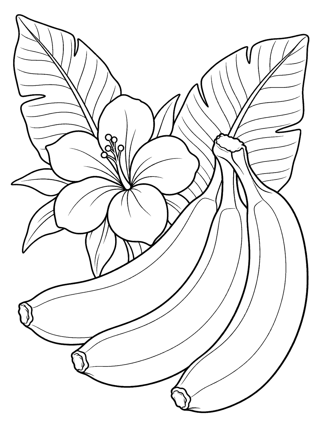 Three bananas with two broad leaves and a large tropical flower in a black-and-white coloring page
