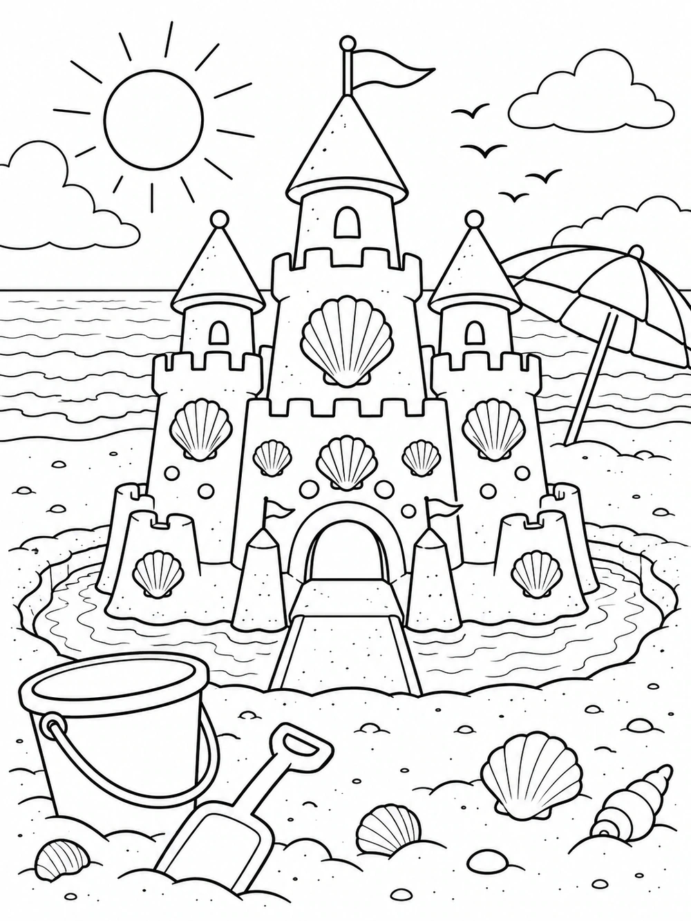 Black-and-white beach coloring page featuring a shell-decorated sandcastle, moat, striped umbrella, bucket, and shovel.