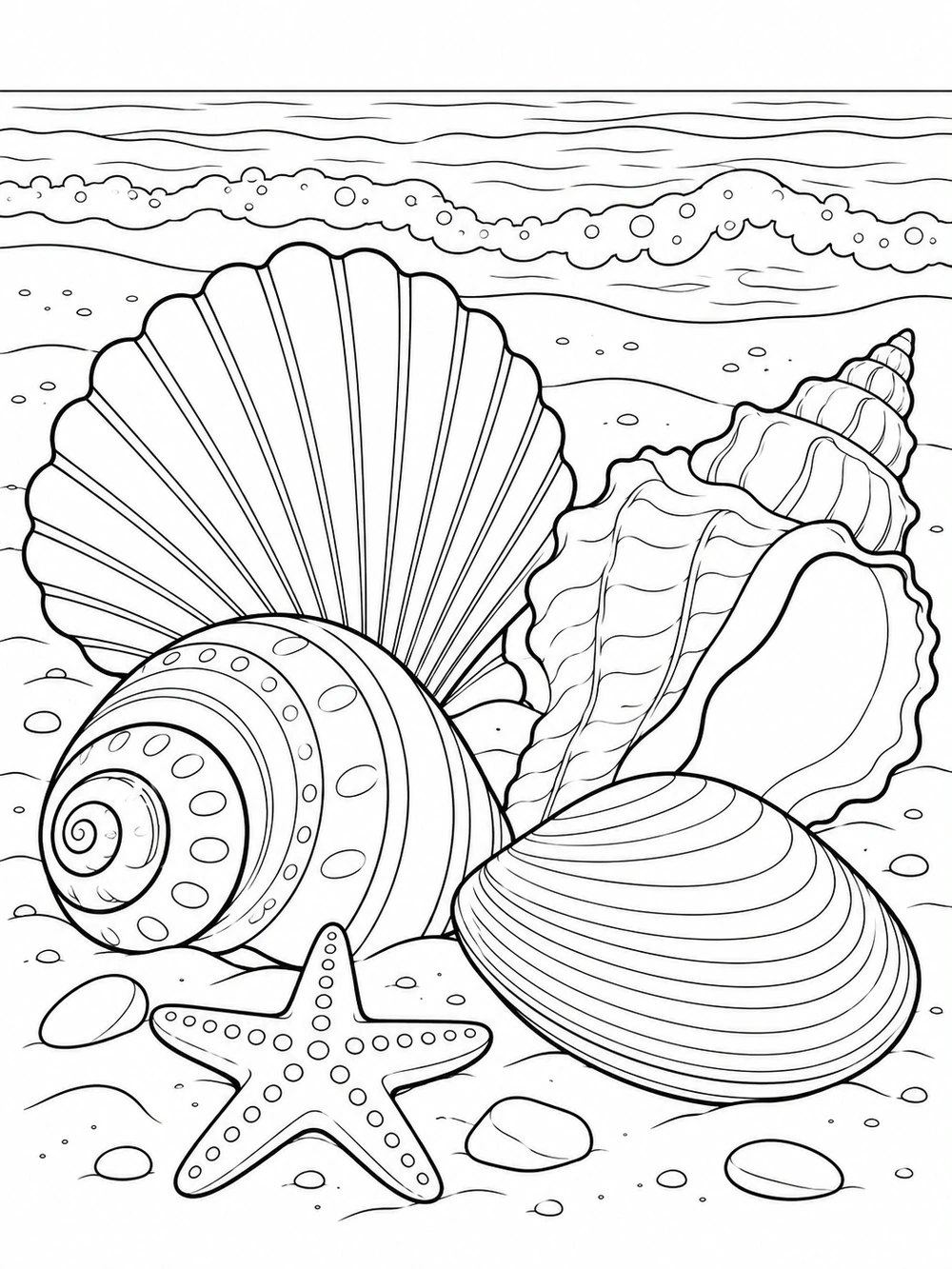 Scallop, spiral, conch, and clam shells arranged on rippled sand with waves behind them in a black-and-white coloring page.