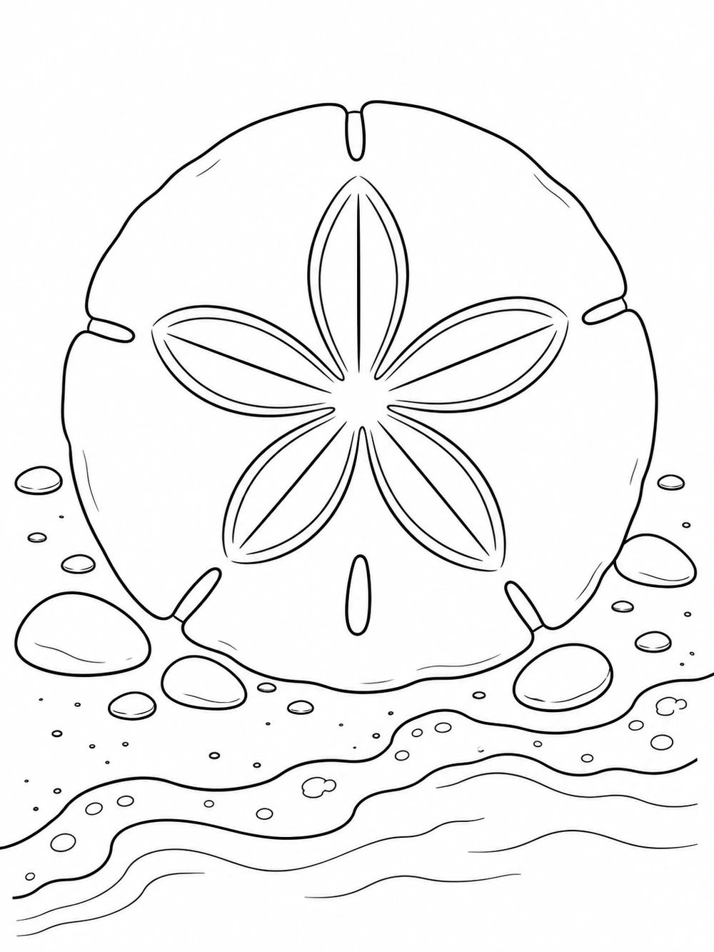 Large five-petal sand dollar surrounded by pebbles and a wavy shoreline on a beach coloring page