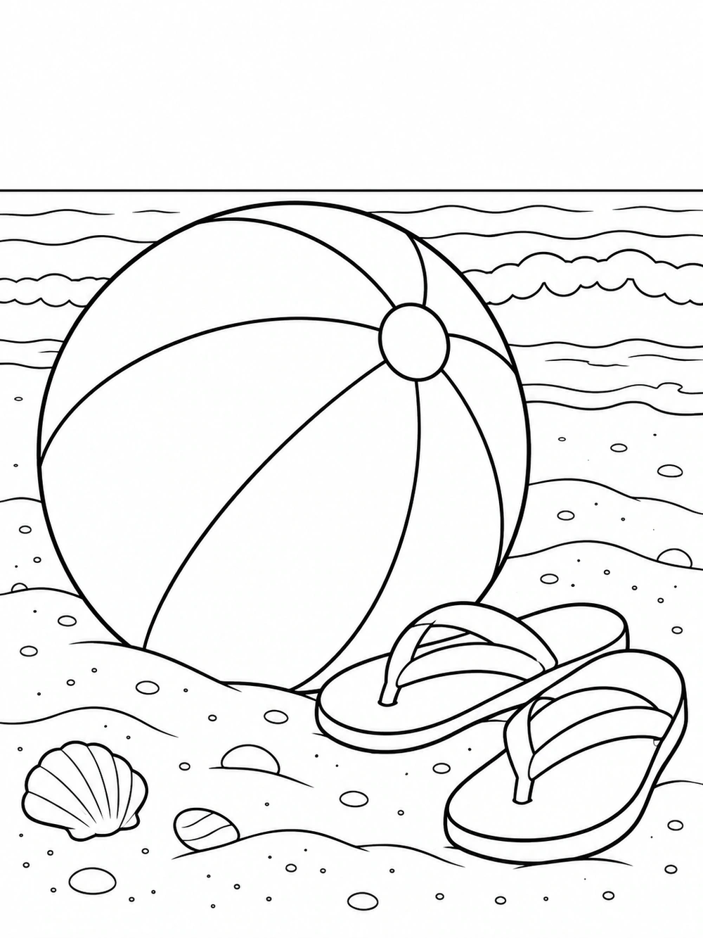Black-and-white beach coloring page showing a large paneled beach ball, two sandals, distant waves, and seashells on the sand.