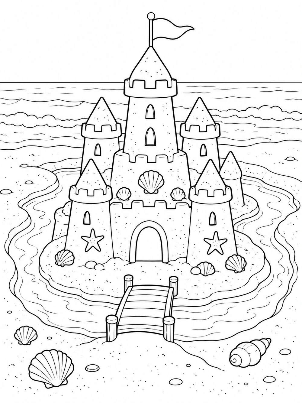 Black-and-white beach coloring page featuring a sandcastle with a flag, winding moat, bridge, and shells.