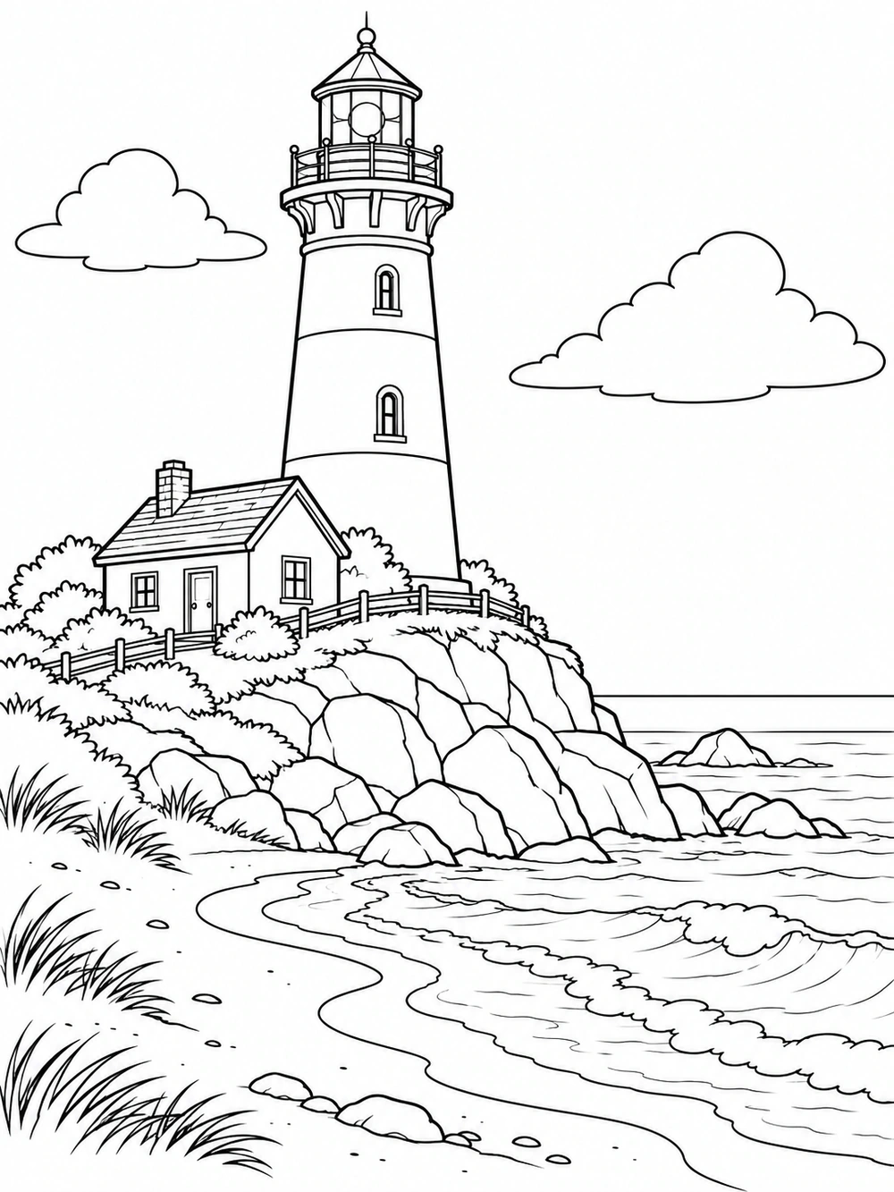 Black-and-white coloring page of a lighthouse and keeper’s cottage on a rocky beach, with waves and two clouds.