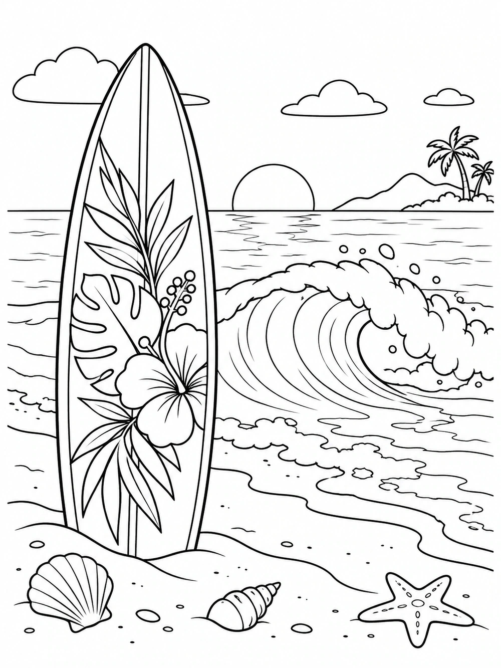 Tropical surfboard planted in the sand beside a curling ocean wave on a beach coloring page