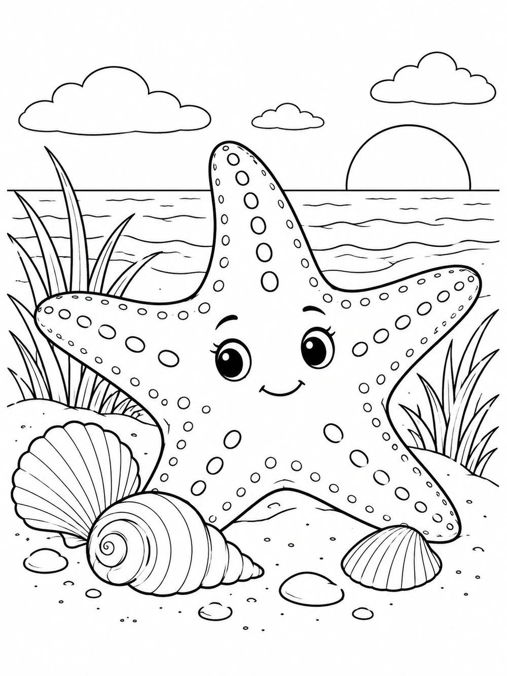 Friendly dotted starfish among shells and dune grass by the ocean, in a black-and-white coloring page