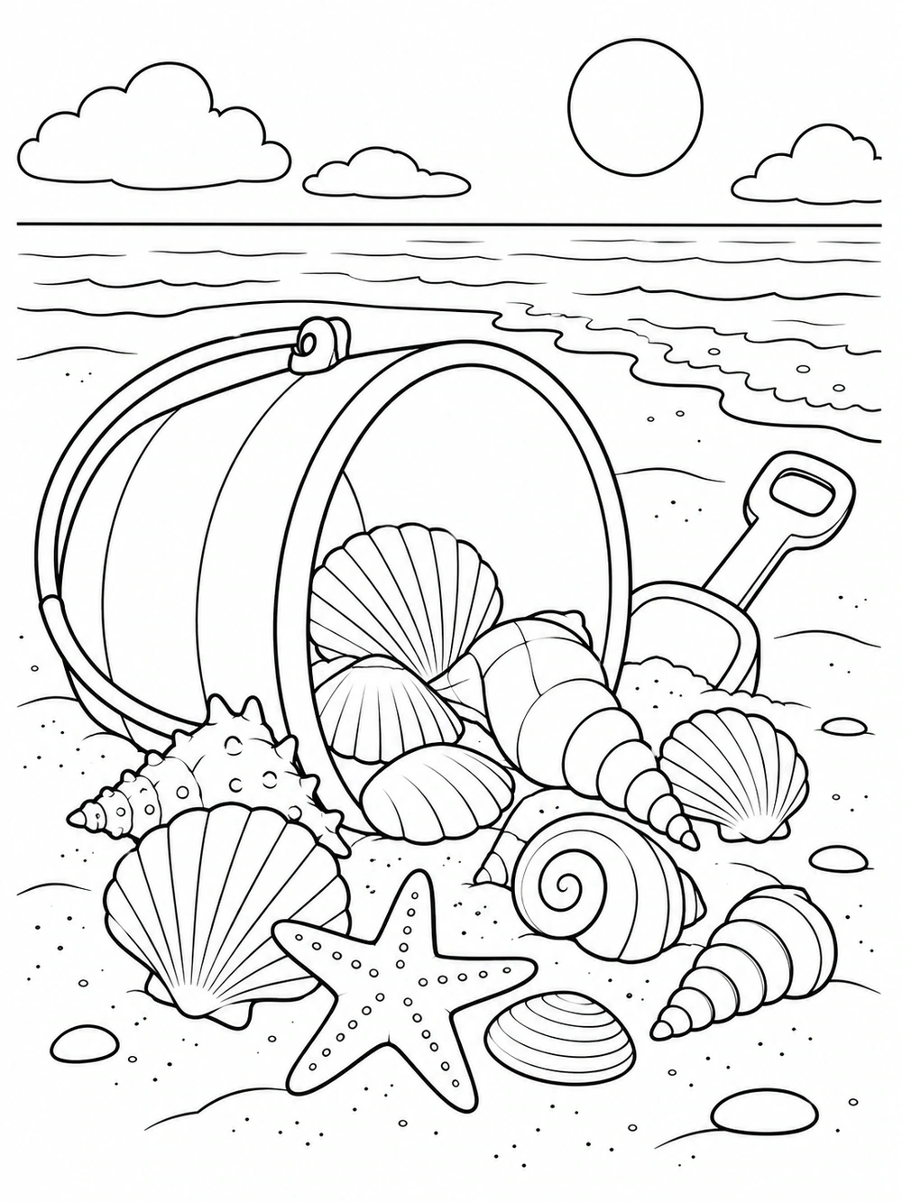 Black-and-white beach coloring page showing an overturned pail spilling shells on the sand, with a scoop and ocean in the background.