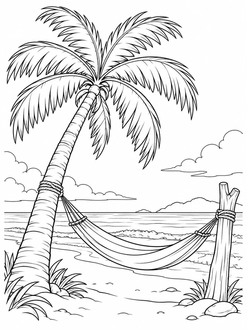 Black ink beach coloring page showing a curved palm tree, hammock, driftwood post, shoreline, and distant clouds.