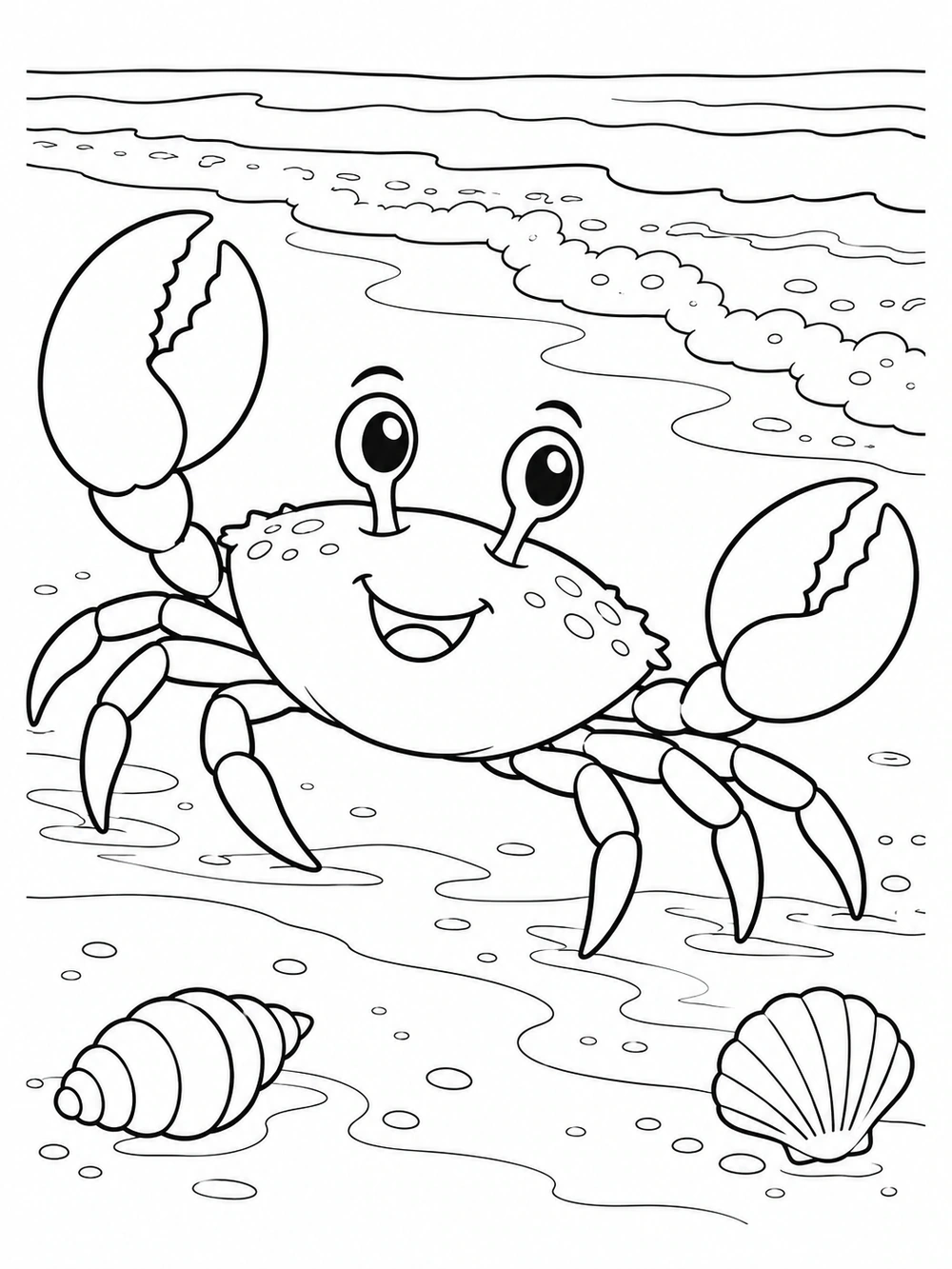 Friendly crab with two claws and eight legs walking on wet sand by receding waves, with two shells and foam shapes.