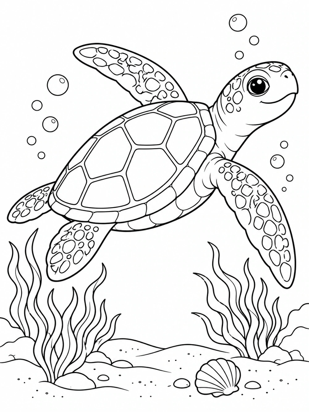Black-and-white coloring page of a diagonally gliding sea turtle with clear shell segments and flippers, bubbles, seaweed, and a shell on the sandy seabed.