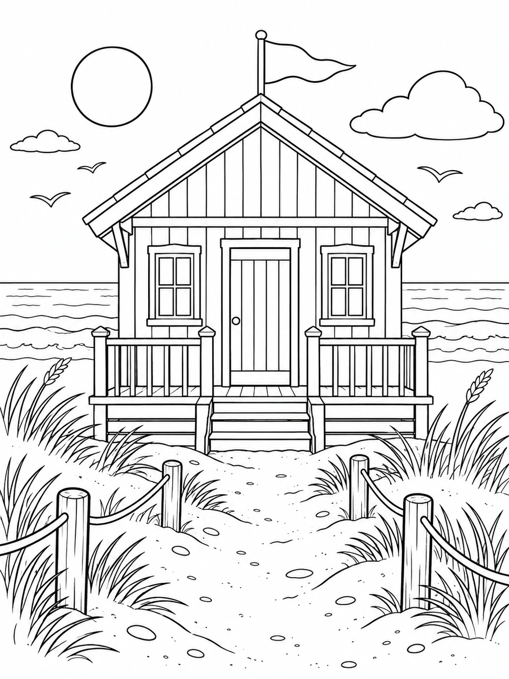 Wooden beach hut with porch, flag, and sandy dune path coloring page