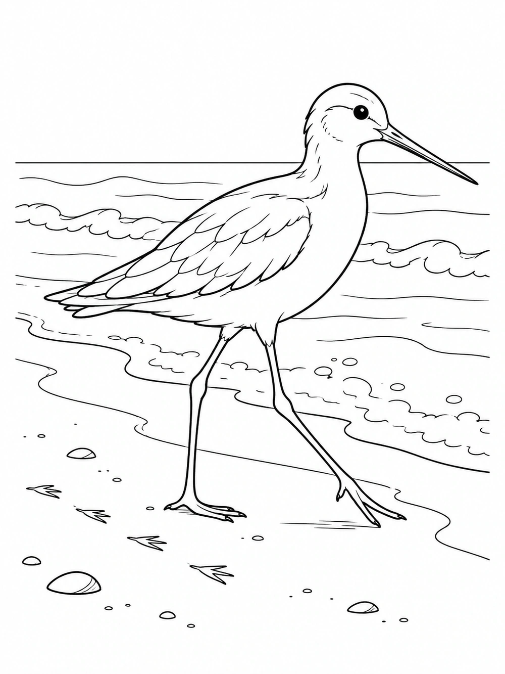 Black-and-white beach coloring page showing a long-legged shorebird, small footprints, shells, and gentle waves.