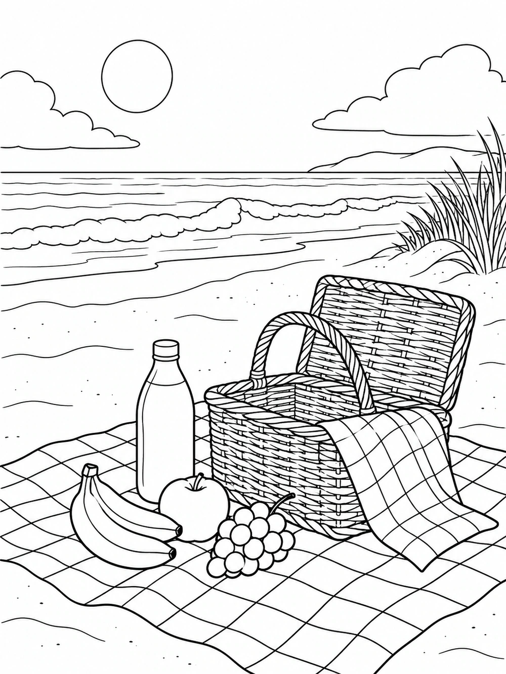 Beach picnic coloring page with an open woven basket, bottle, fruit, and checkered blanket beside the shore