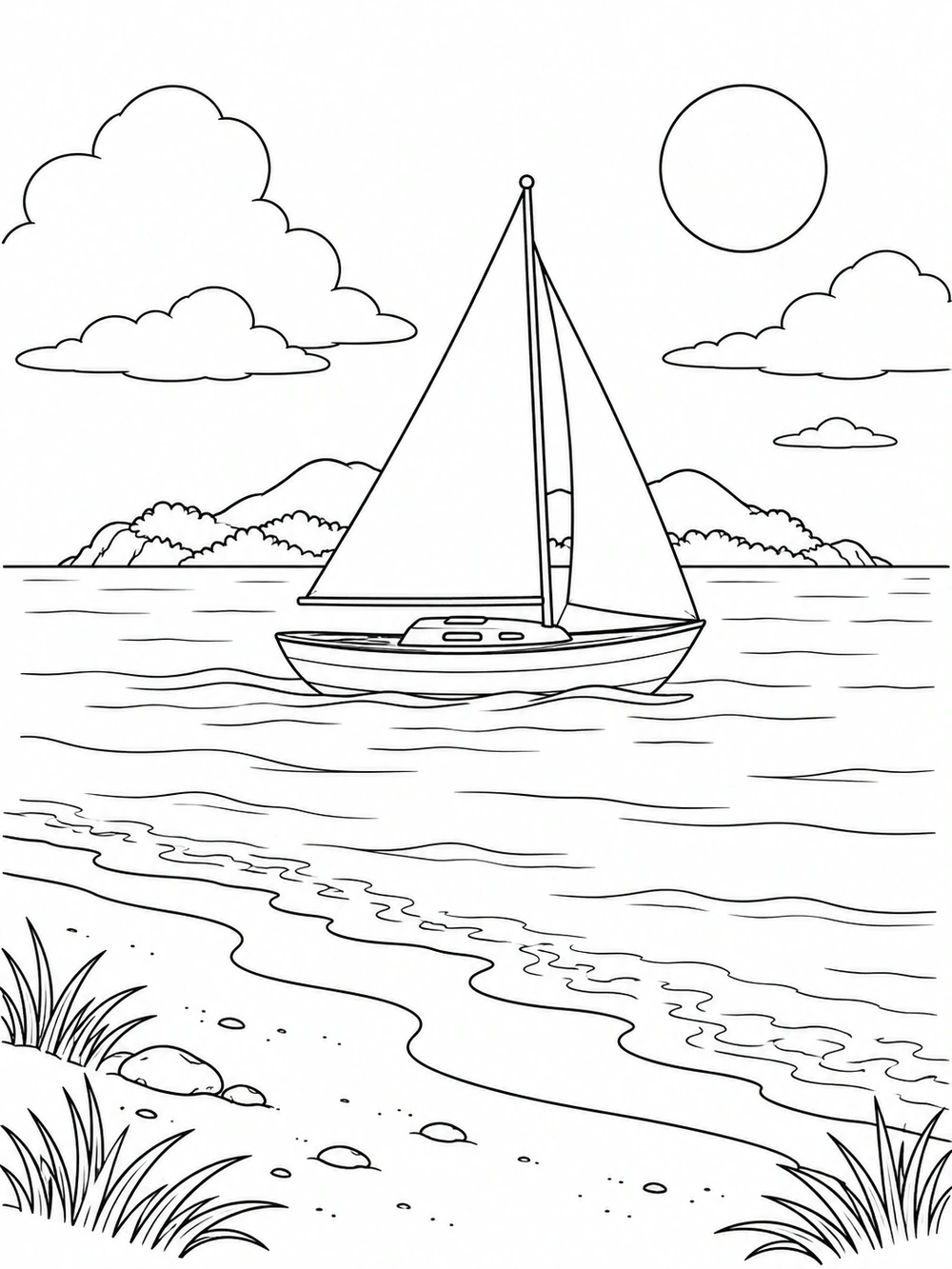 Sailboat on calm water near the beach coloring page