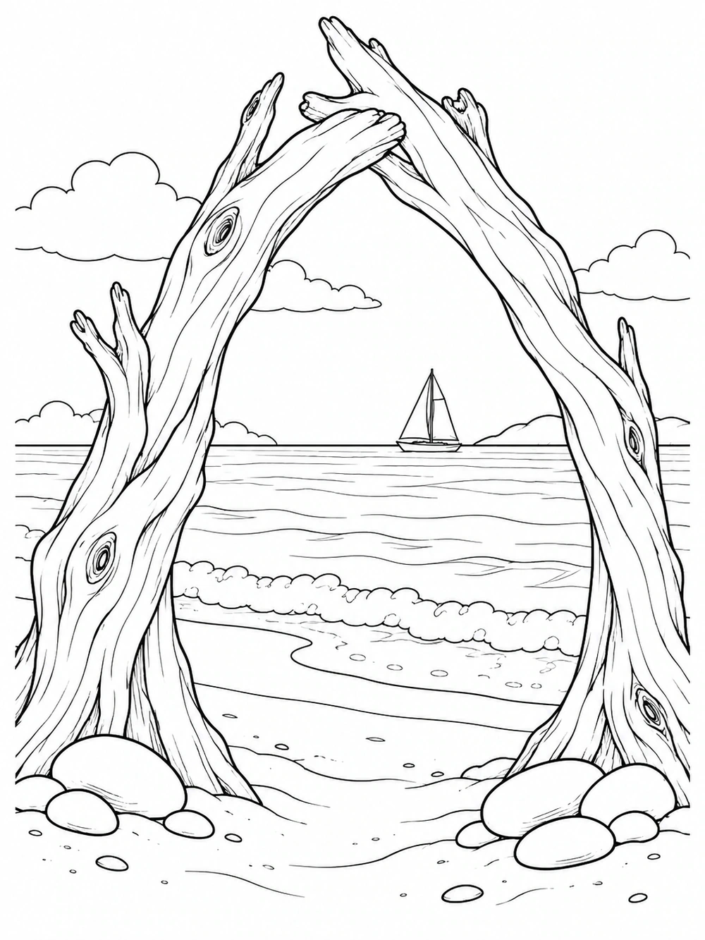 Two leaning driftwood pieces form an arch around an ocean view, with a distant sailboat and smooth stones at the base.