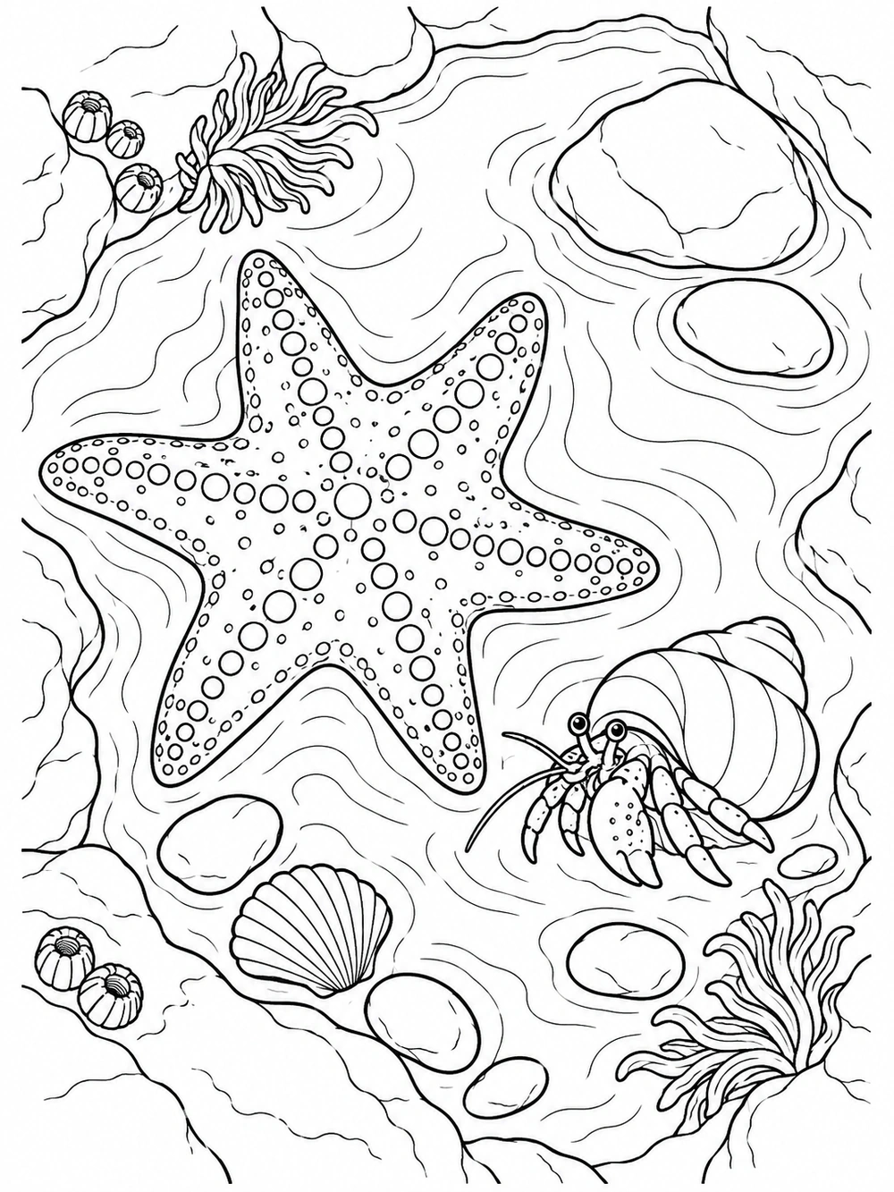 Overhead tide pool with a large sea star, hermit crab, smooth stones, and shells in a black-and-white coloring page