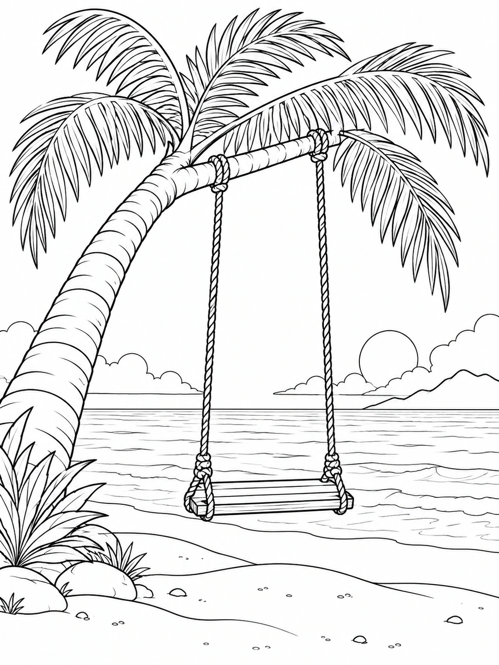 Seaside swing hanging from a palm tree above the beach, with the calm ocean in the background.