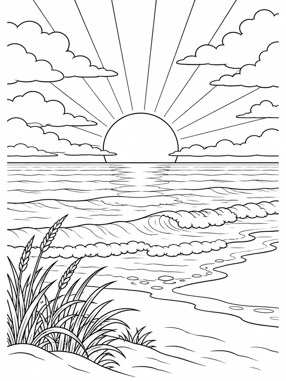 Coastal sunset coloring page with a large low sun, layered clouds, curling waves, and foreground sea grass.