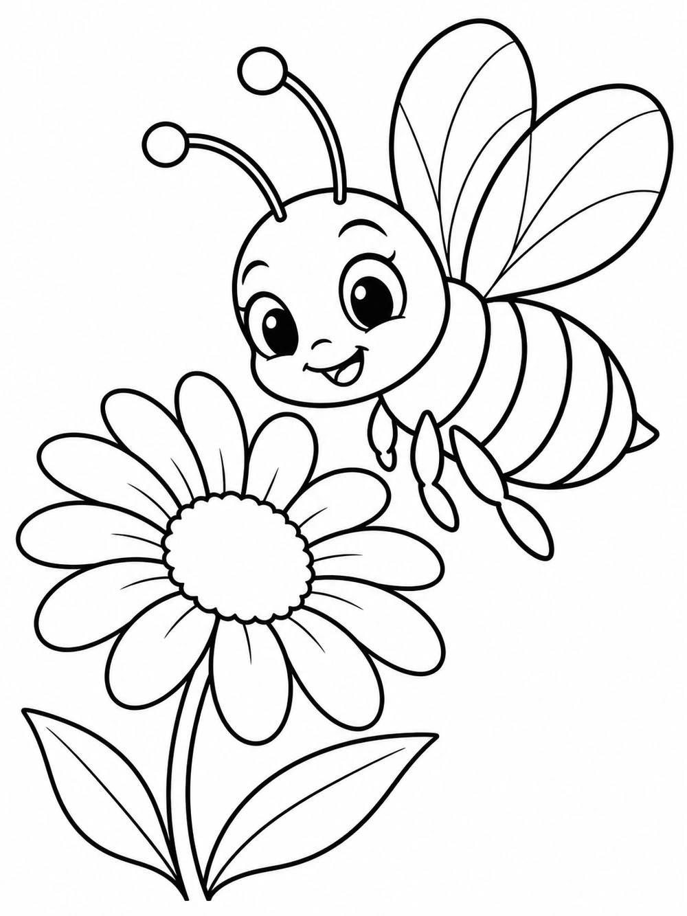 A smiling striped bee with simple wings hovers beside a large daisy with two leaves.