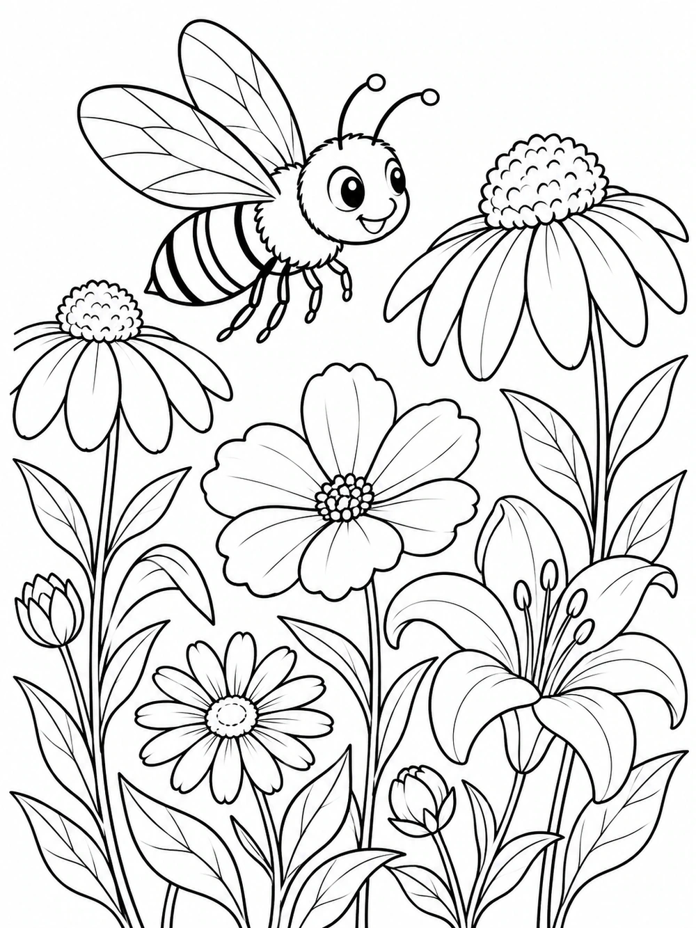 A smiling bee flies among tall daisies, lilies, leafy stems, and flower buds.