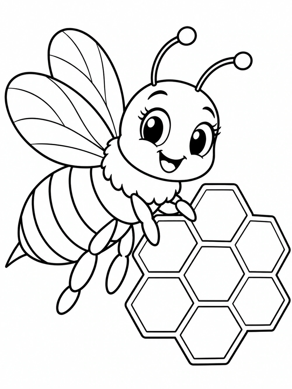 A friendly bee with striped body and detailed wings beside outlined hexagonal honeycomb cells.