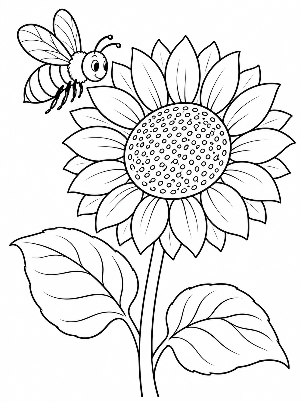 Black-and-white coloring page showing a bee beside a large sunflower with a sturdy stem and two broad leaves.