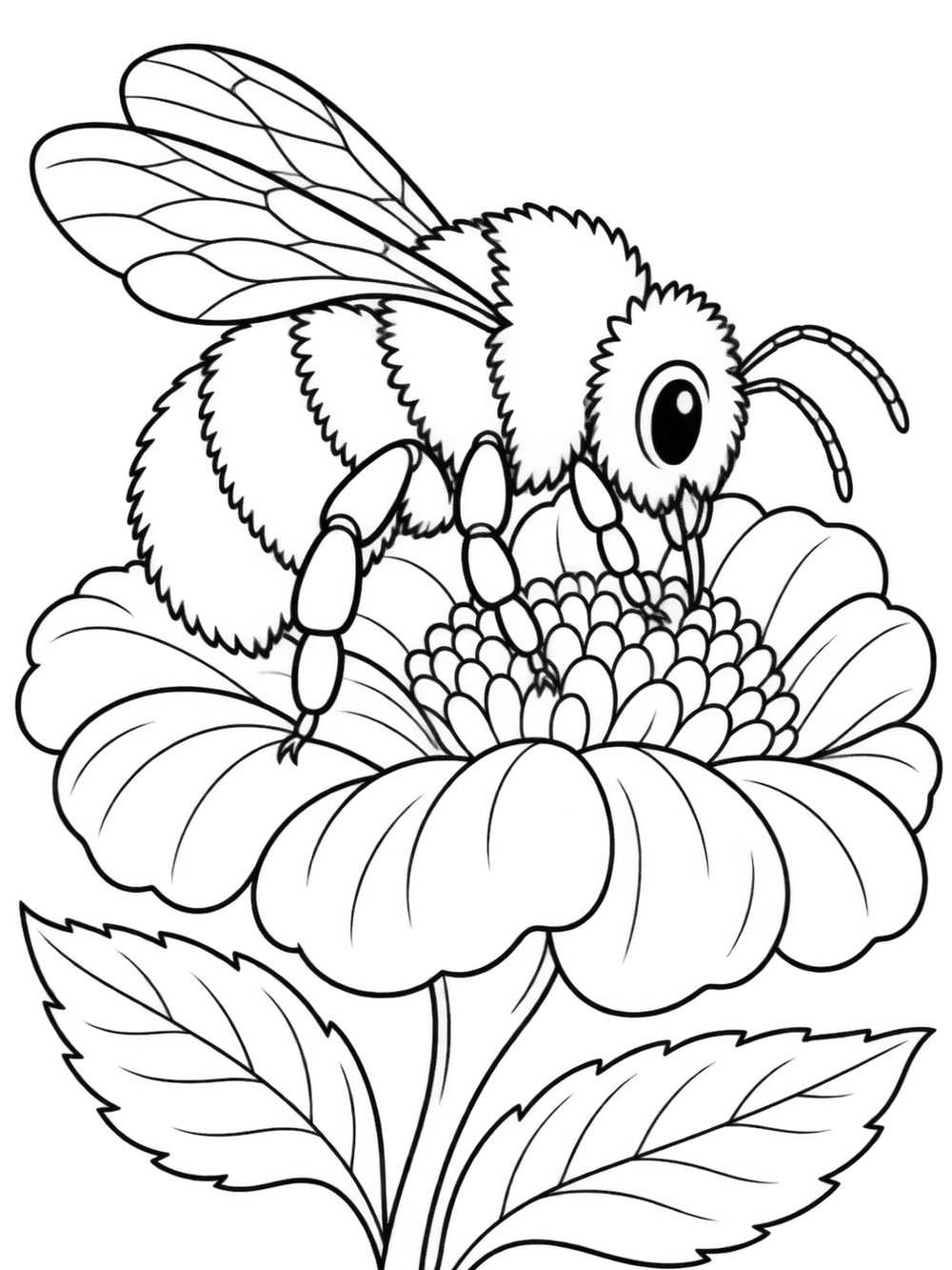 A plump, fuzzy bumblebee with broad stripes perched on a large blossom with leaves.