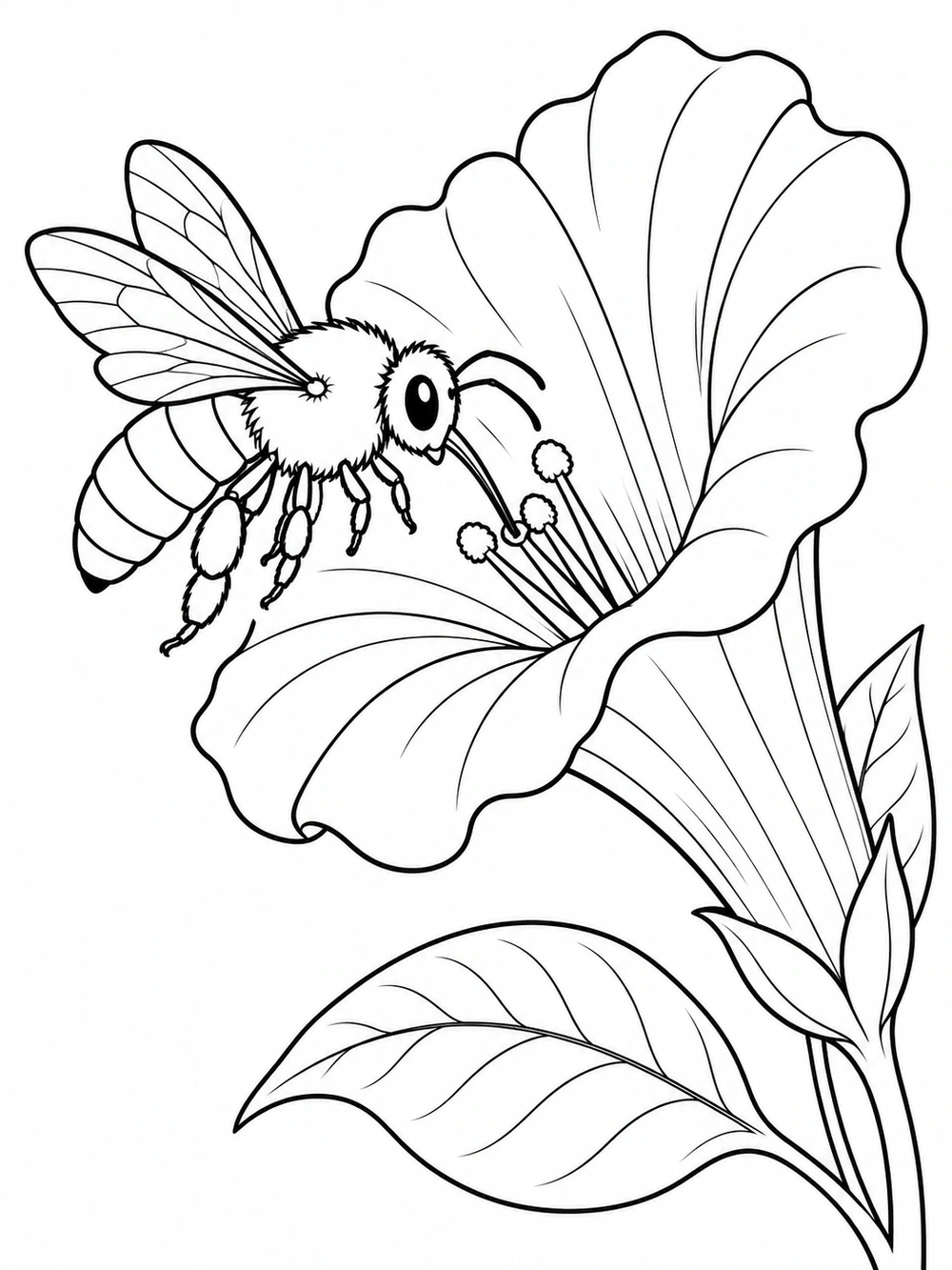 Bee hovering at the opening of a large trumpet-shaped flower, reaching its proboscis toward the flower’s center, with leaves below.