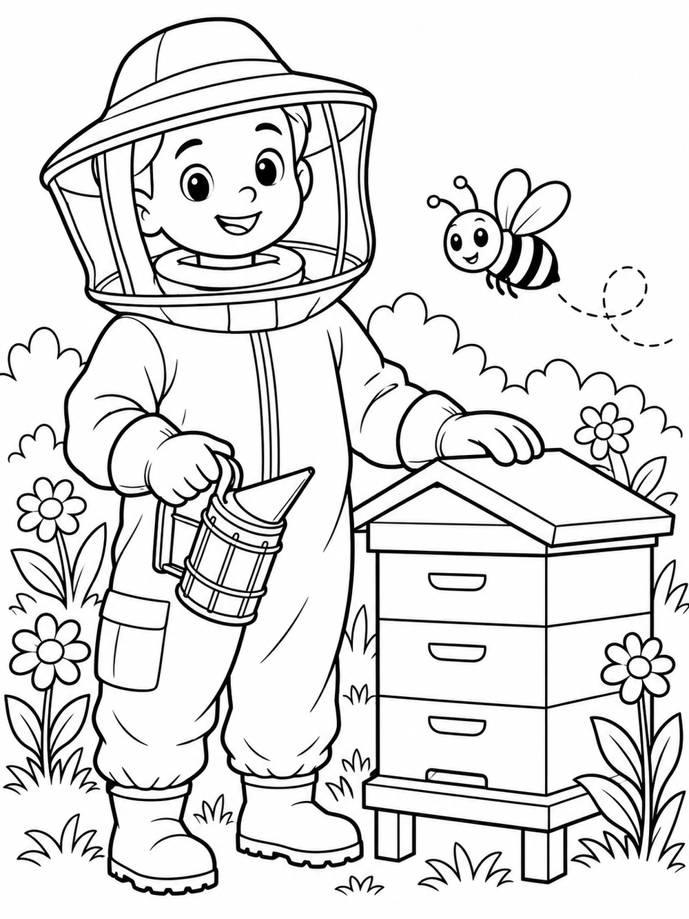 Smiling beekeeper in a protective suit beside a beehive, with a bee flying overhead and flowers around them.