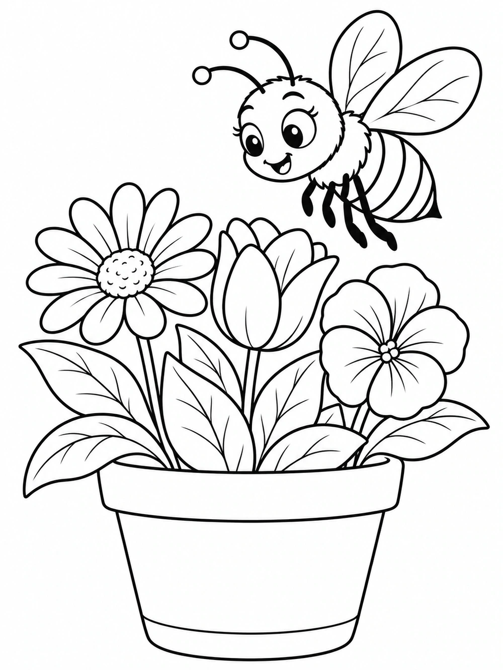 A smiling bee hovering above a flower pot with three distinct blossoms and broad leaves, in black line art.